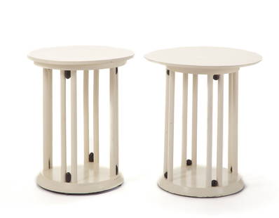 Josef Hoffmann (Brtnice 1870 - Vienna 1956) White lacquered beech side table, circular top and base,: Josef Hoffmann (Brtnice 1870 - Vienna 1956) White lacquered beech side table, circular top and base, four double column supports interspersed with small black stained wood egg. Thonet execution. Beari