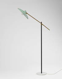 Floor lamp with swivel arm. Italy, 1950s. Brass and black lacquered metal frame, green lacquered