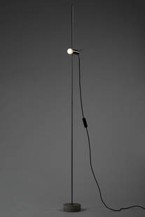 Tito Agnoli (Lima 1931 - Milano 2012) Floor lamp model "387". Produced by O-Luce, Italy, 1954.: Tito Agnoli (Lima 1931 - Milano 2012) Floor lamp model "387". Produced by O-Luce, Italy, 1954. Nickel-plated and brushed metal stem, travertine base. (h 202 cm.) (slight defects and losses) Literature