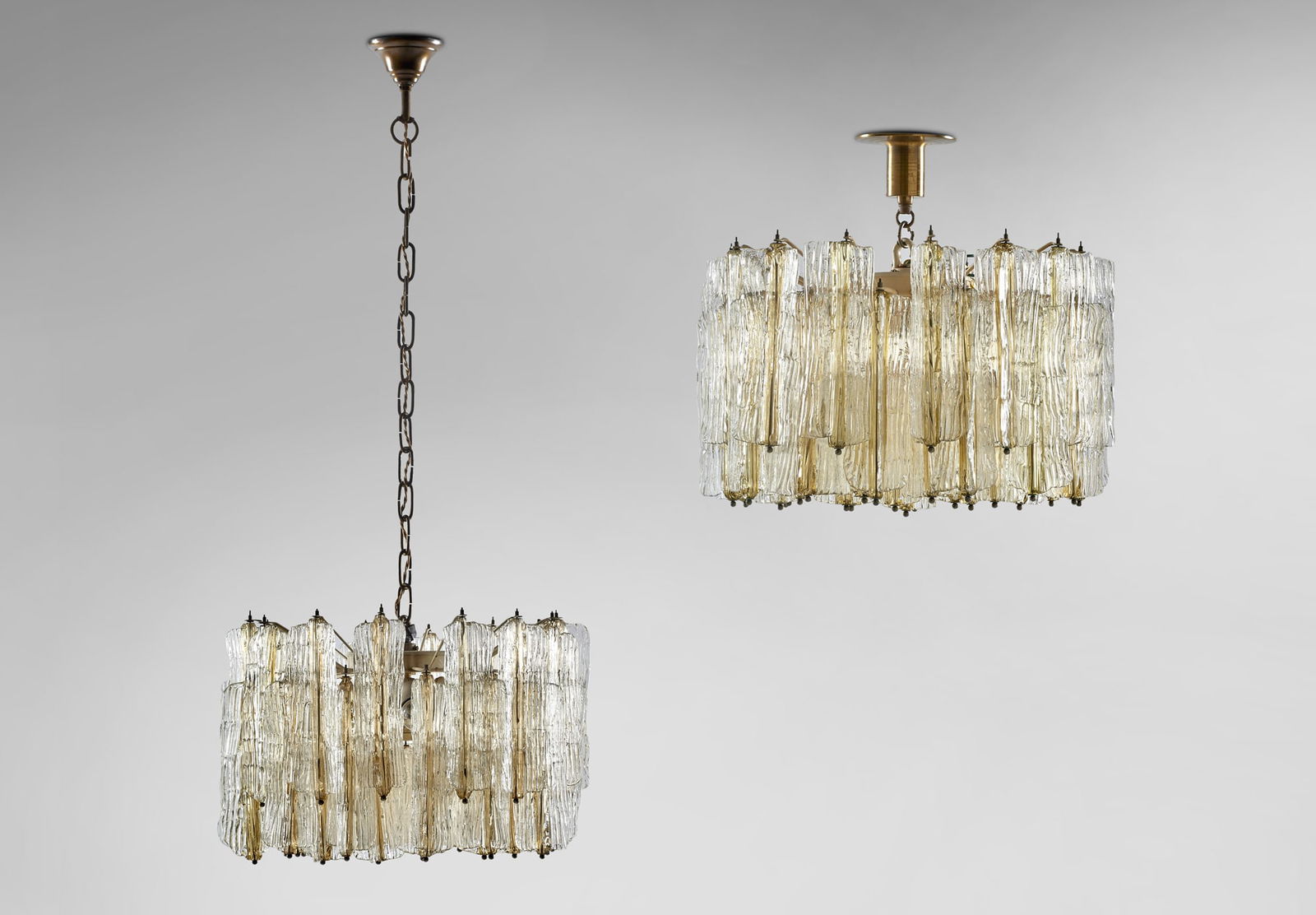 Venini  Pair of suspension lamps of the series "Elica". Murano, 1960s. Metal frame, colourless and (1 of 1)