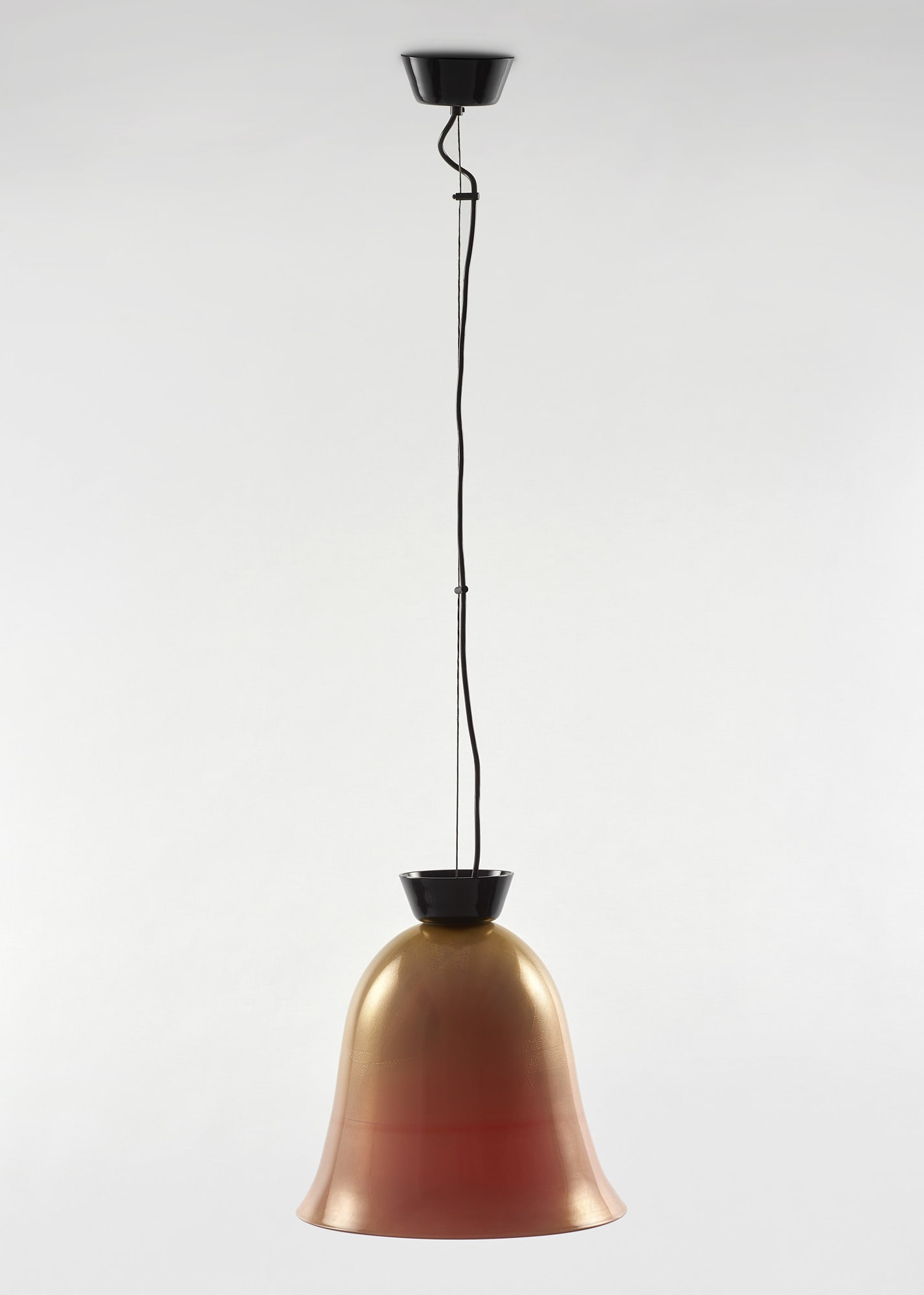 Venini “Laguna?? glass suspension lamp model "845/02". Murano, 1970s. Four-layered enameled: Venini “Laguna” glass suspension lamp model "845/02". Murano, 1970s. Four-layered enameled glass lattimo, pink, pagliesco and with gold leaf application. In original box. (h 150 cm.; d 36 cm.)
