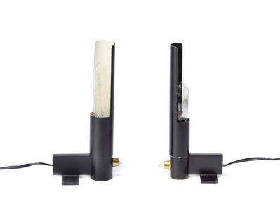 Gino Sarfatti (Venezia 1912 - Gravedona 1985) Two table lamps model "585". Produced by Arteluce,: Gino Sarfatti (Venezia 1912 - Gravedona 1985) Two table lamps model "585". Produced by Arteluce, Milan, 1958. Black and white lacquered metal and aluminium. (h 20 cm.) Provenance Private collection, M