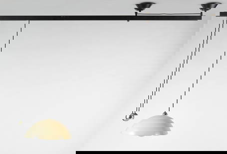 Vico Magistretti (Milano 1920 - 2006) Suspension lamp model "L'impiccato". Produced by Artemide,: Vico Magistretti (Milano 1920 - 2006) Suspension lamp model "L'impiccato". Produced by Artemide, Milan, 1960s. Black lacquered steel bar, white perspex adjustable lampshade with black painted cast iro