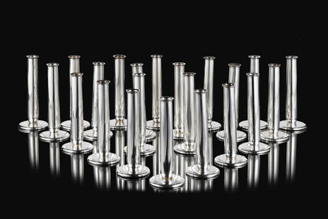 Gio Ponti (Milano 1891 - 1979) (Attributed) Twenty-two candle holders. Execution by Sambonet,: Gio Ponti (Milano 1891 - 1979) (Attributed) Twenty-two candle holders. Execution by Sambonet, Italy, 1940s/1950s. Silver-plated metal. Engraved marks under the base. (h 16 cm.; d 7 cm.) IT (Attribuito