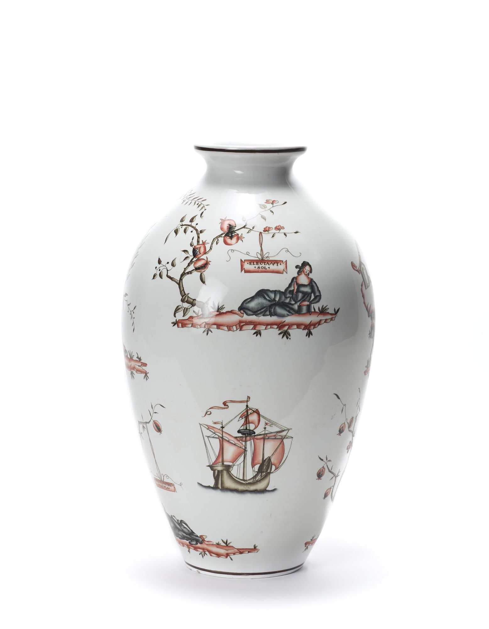 Guido Andlovitz (Trieste 1900 - Grado 1971) Vase model "Monza 69 - decoro 6074". Manufacture of: Guido Andlovitz (Trieste 1900 - Grado 1971) Vase model "Monza 69 - decoro 6074". Manufacture of Società Ceramica Italiana, Lavenia, Laveno, 1925ca. Cast earthenware, underglazed in white, with decora