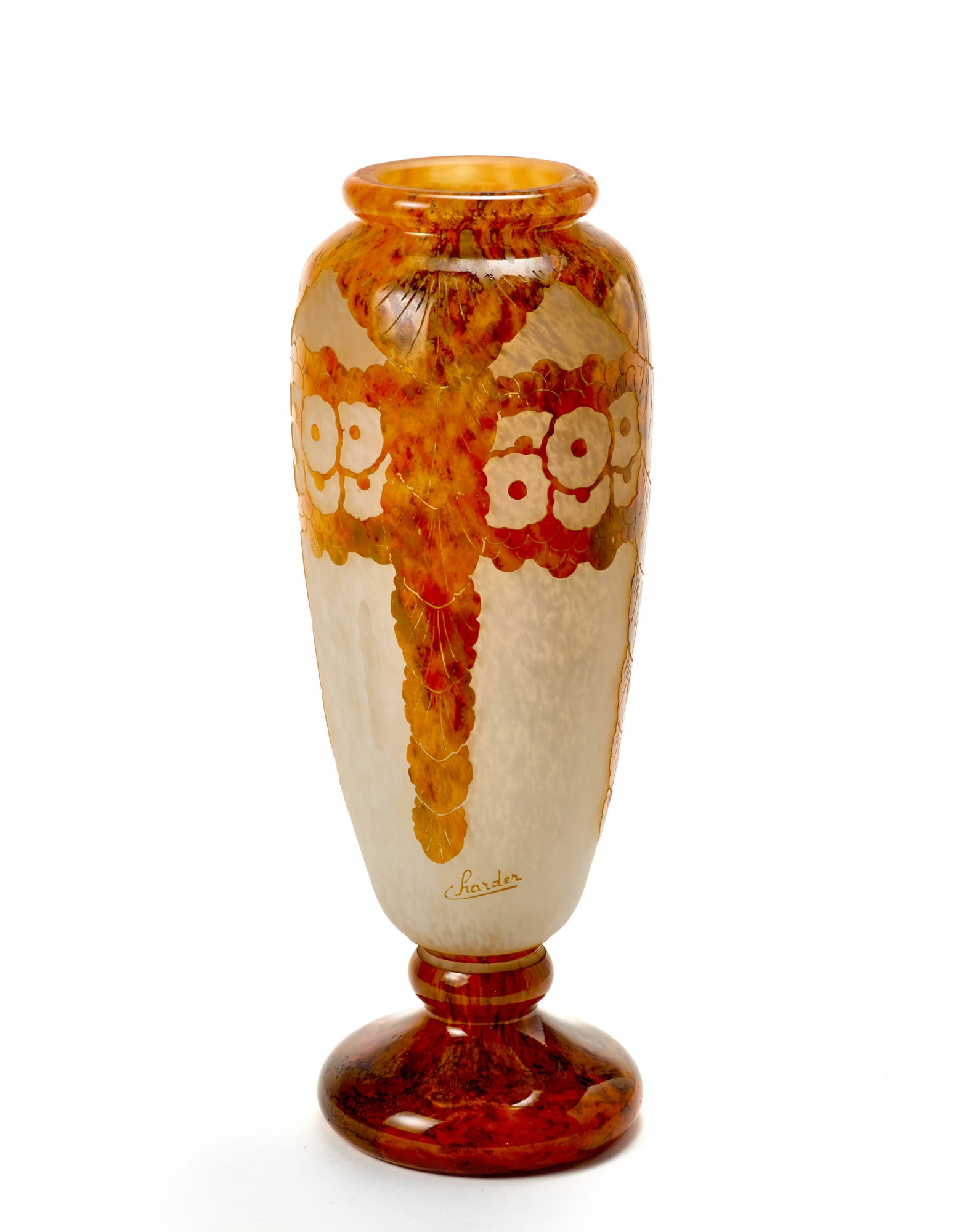 Charder - Le Verre Français Cameo glass vase with colourless and white speckled background and: Charder - Le Verre Français Cameo glass vase with colourless and white speckled background and floral decorations in orange and brown. France, 1920s. Cameo signature "Charder" on the body and engrave