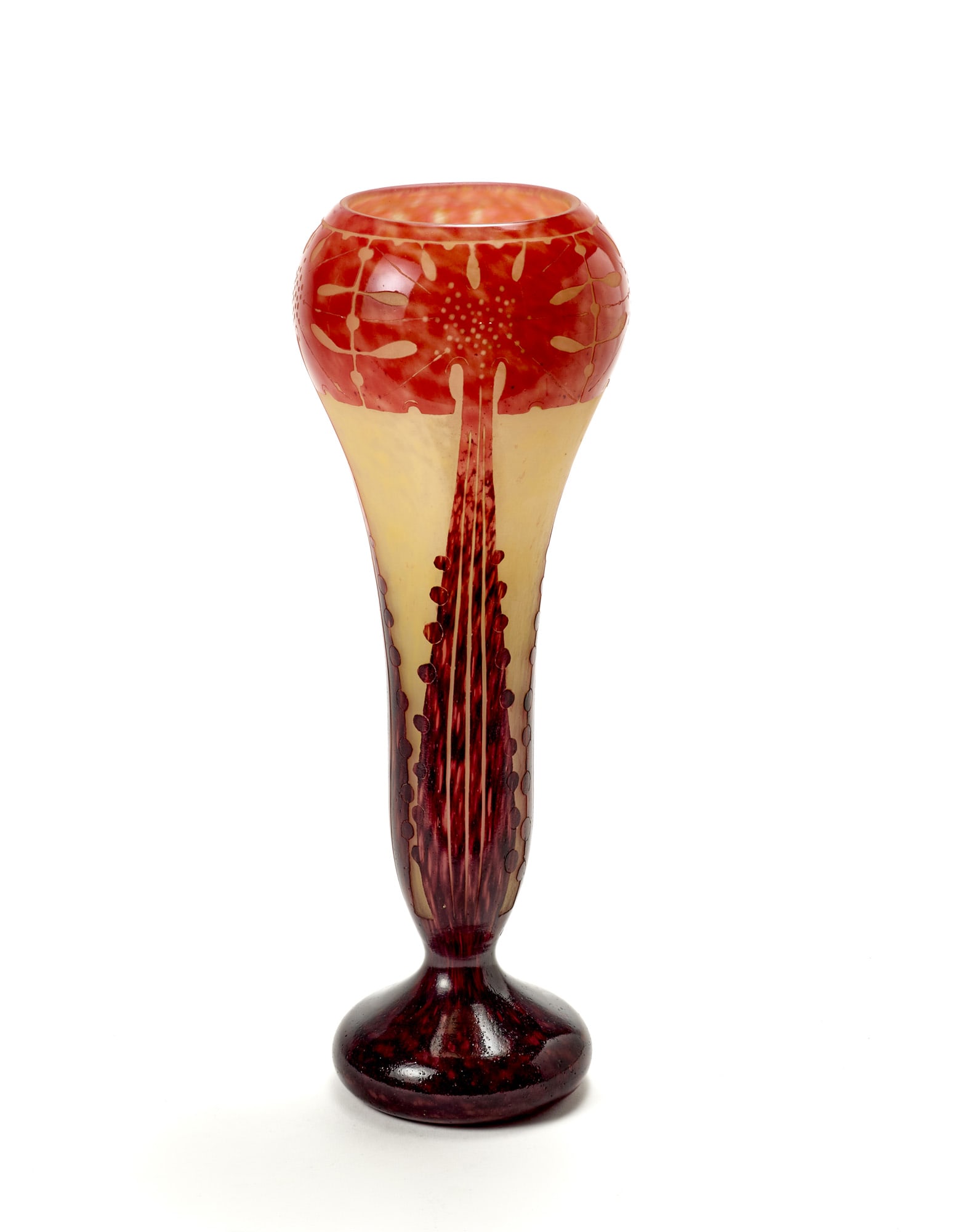 Le Verre Français Cameo glass vase with stylised red and burgundy decorations on a yellow and: Le Verre Français Cameo glass vase with stylised red and burgundy decorations on a yellow and white opalescent background. France, 1920s. Engraved signature on the base "Le Verre Français". (h 44.5