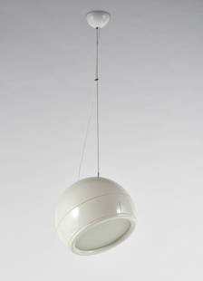 Studio Tetrarch Suspension lamp model "Pallade". Produced by Artemide, Milan, 1968. White plastic,: Studio Tetrarch Suspension lamp model "Pallade". Produced by Artemide, Milan, 1968. White plastic, frosted glass screen. Bearing production mark on the dome. In original box. (d 37 cm.) Provenance Sti