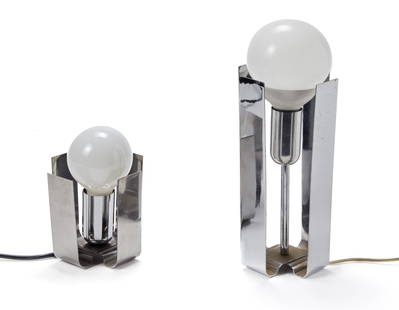 Claudio Salocchi (Milano 1934 - 2012) Two table lamps model "Biglia". Produced by Lumenform, Italy,: Claudio Salocchi (Milano 1934 - 2012) Two table lamps model "Biglia". Produced by Lumenform, Italy, 1970s. Steel plates. (frame only h max cm 28.5) IT Due lampade da tavolo modello "Biglia". Produzion