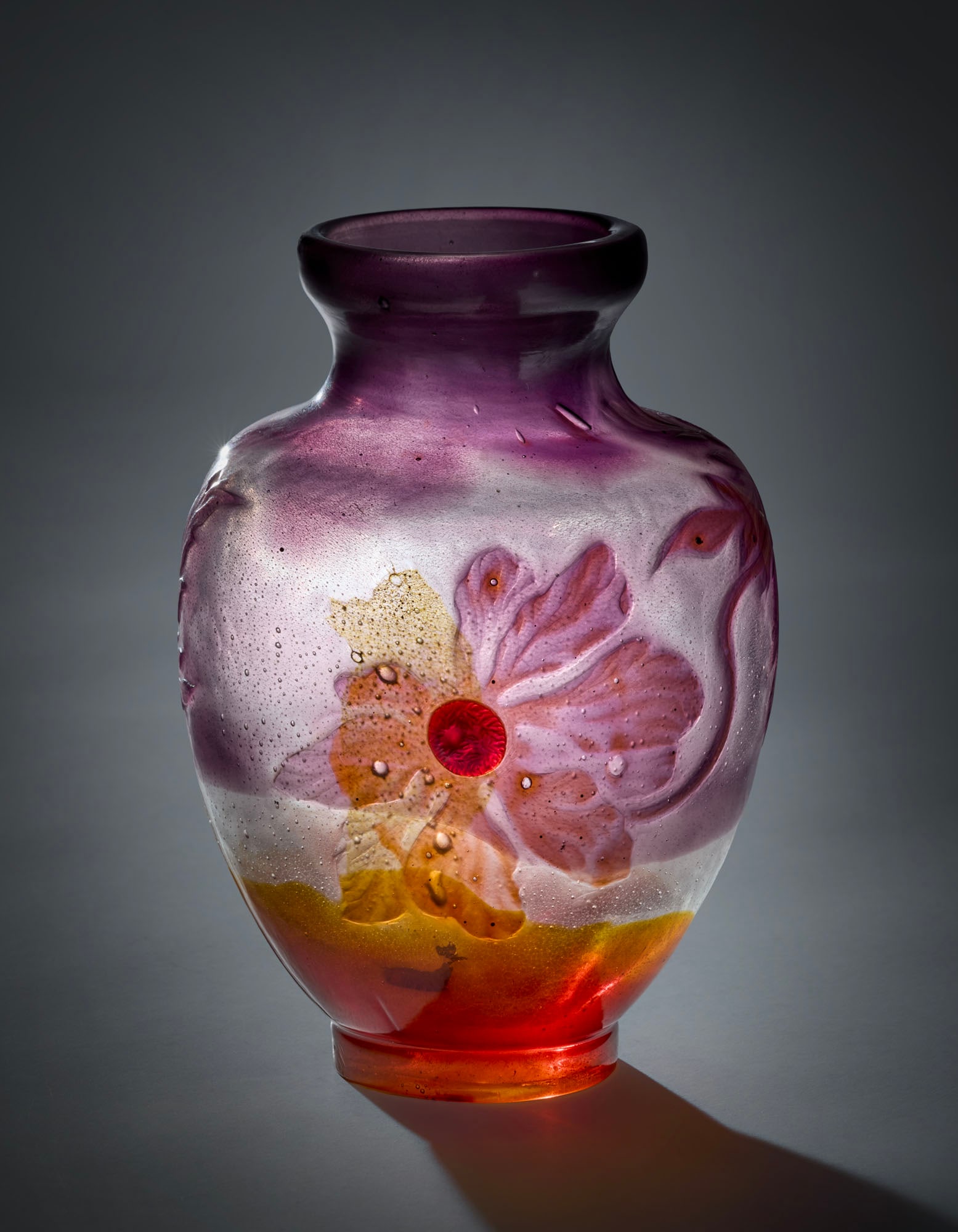 Emile Gallé (Nancy 1846 - 1904) Triple cameo glass vase decorated with inlaid flowers and leaves. (1 of 4)