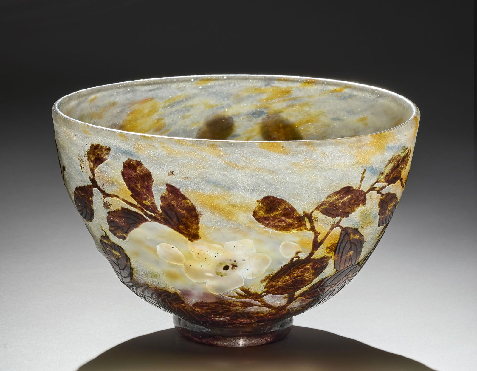 Daum Acid-etched cameo glass bowl decorated with racemes and apple blossom leaves with coloured (1 of 3)