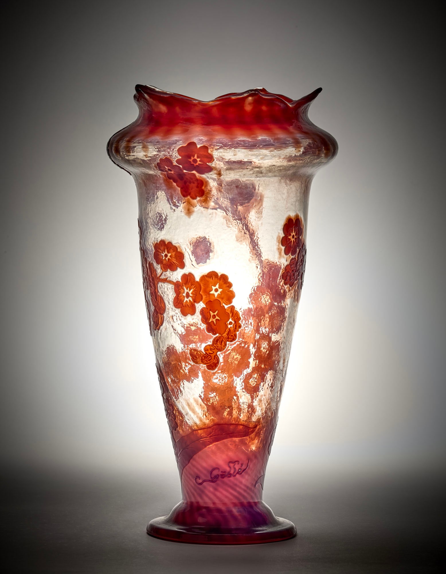 Emile Gallé (Nancy 1846 - 1904) Triple-layered cameo glass vase, acid-etched with floral relief (1 of 2)