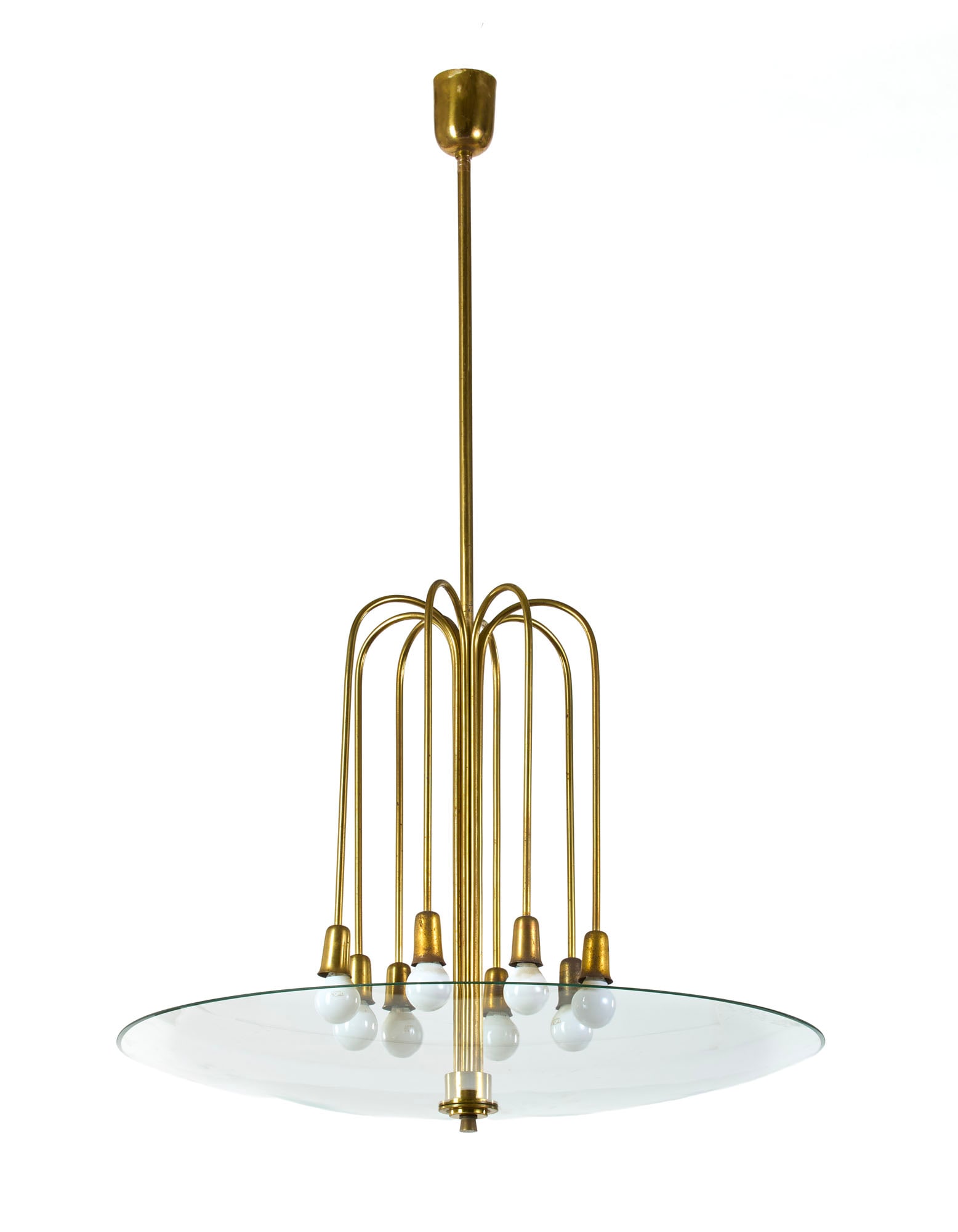 Guglielmo Ulrich (Milano 1904 - 1977) (Attributed) Eight-light brass pendant lamp with curved and (1 of 2)