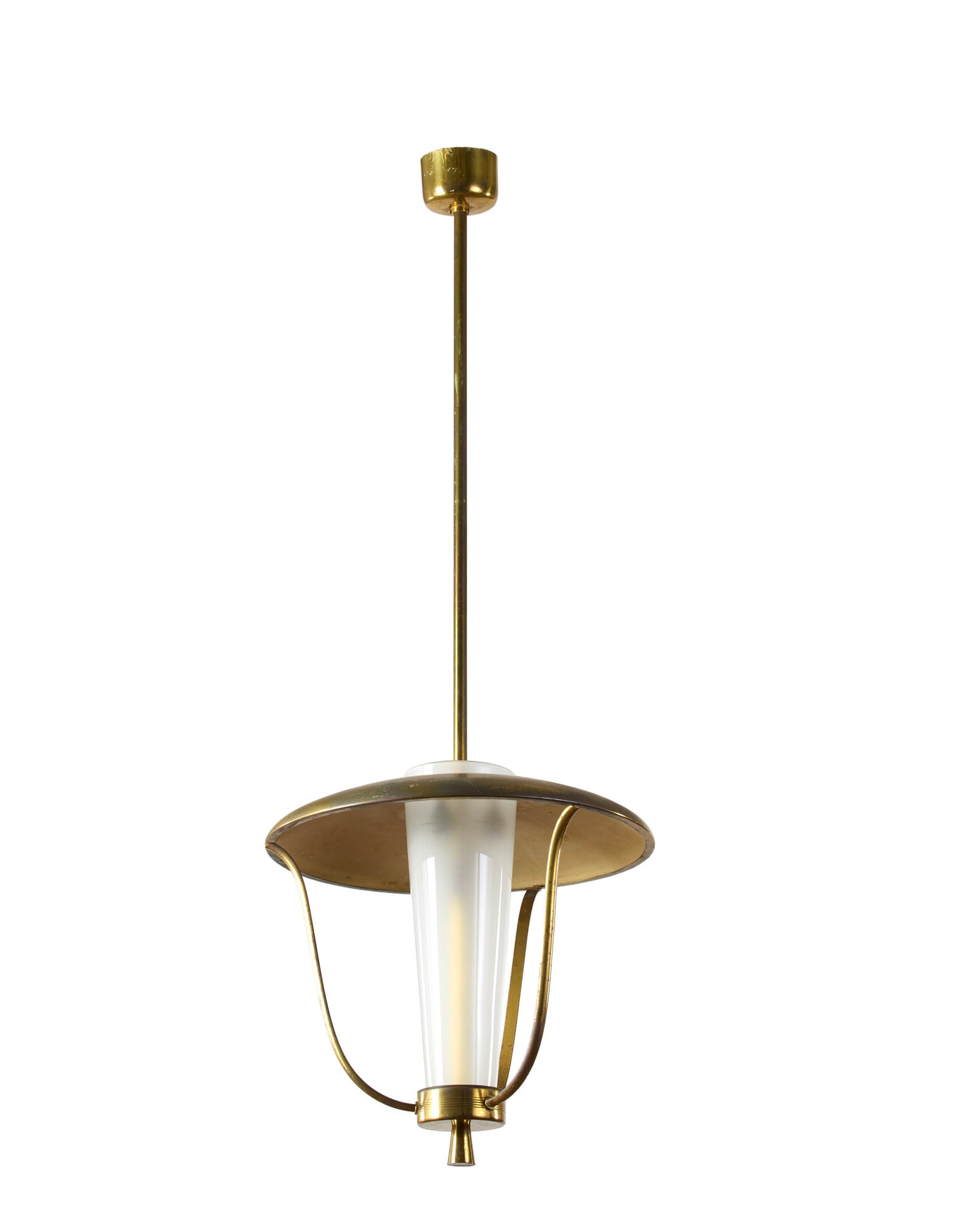 Guglielmo Ulrich (Milano 1904 - 1977) Three-light brass suspension lamp with central lampshade in (1 of 2)