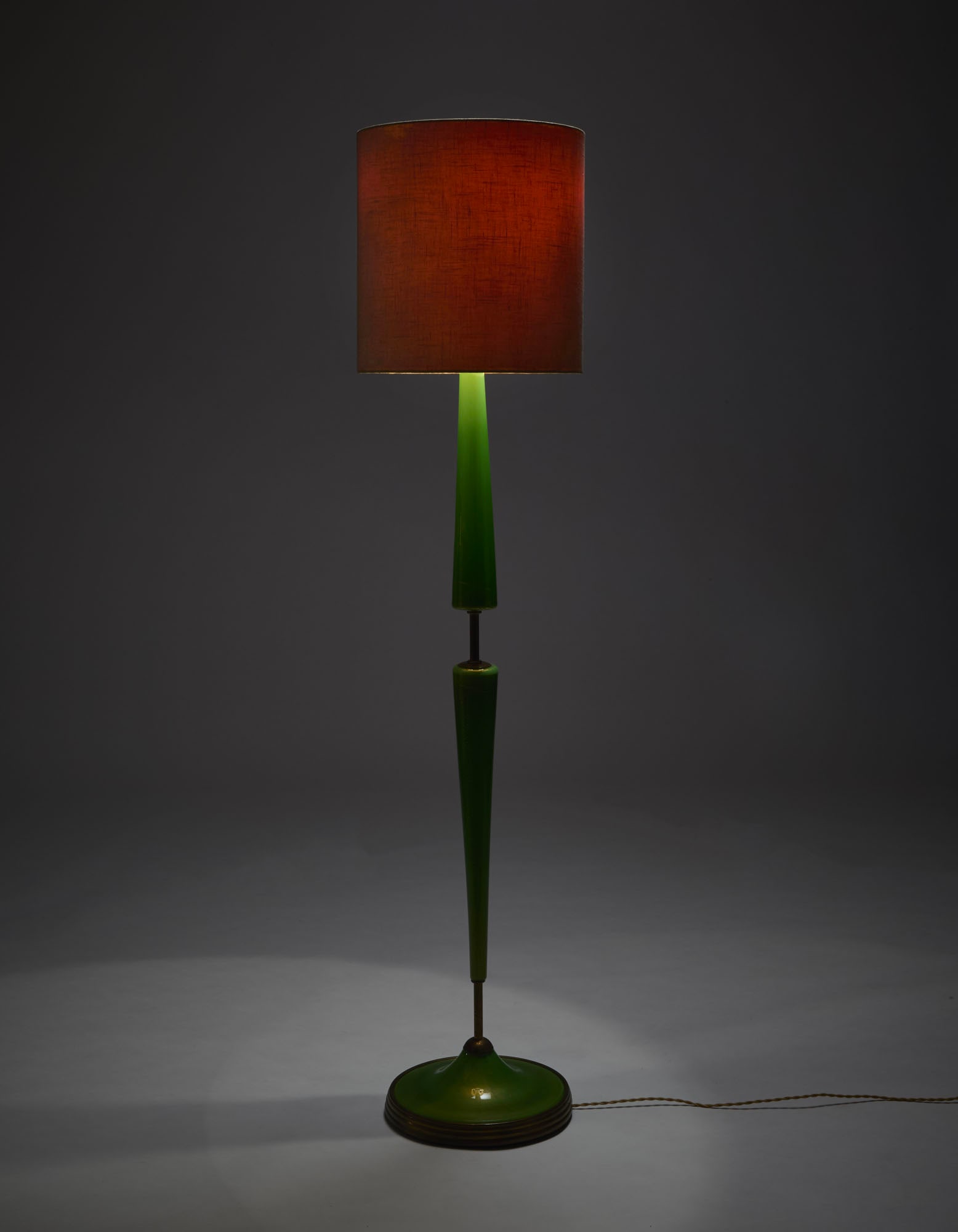 Seguso Vetri d'Arte Green blown glass floor lamp with gold leaf and brass accents, fabric (1 of 5)