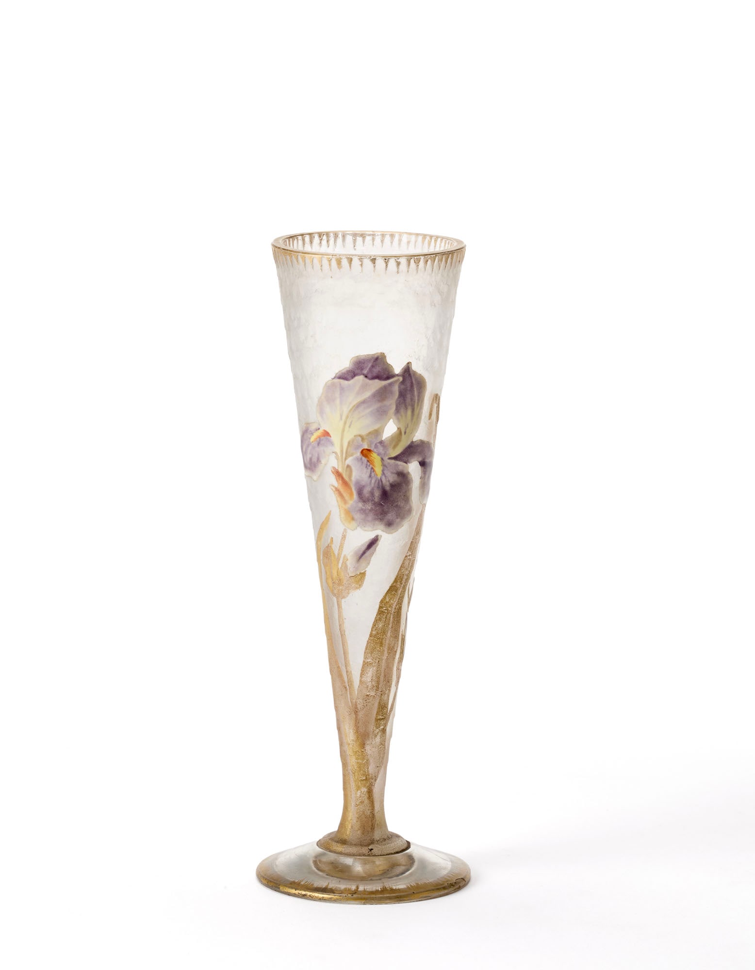 Mont Joye Clear colourless glass chalice vase, acid-etched and decorated with polychrome enamel (1 of 1)