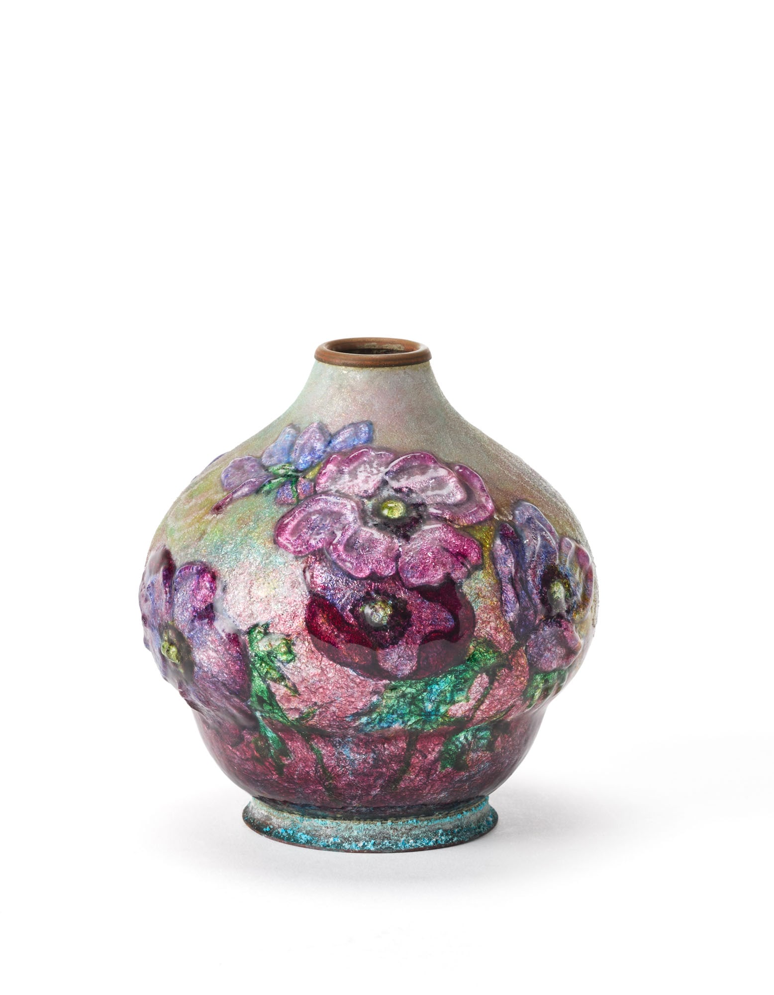 Camille Fauré (1874 - 1956) Small enamelled copper soliflore vase with polychrome floral (1 of 1)