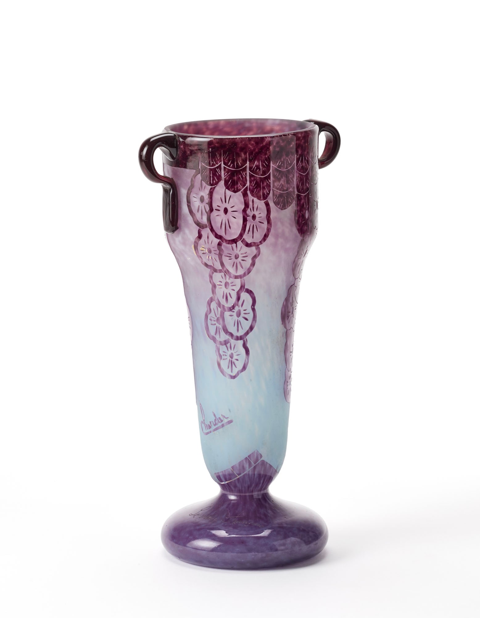 Charder - Le Verre Français Two-handled vase in green acid-etched cameo glass with amethyst: Charder - Le Verre Français Two-handled vase in green acid-etched cameo glass with amethyst chrysanthemum decorations on an opalescent white background with spots. France, 1925ca. Engraved signature