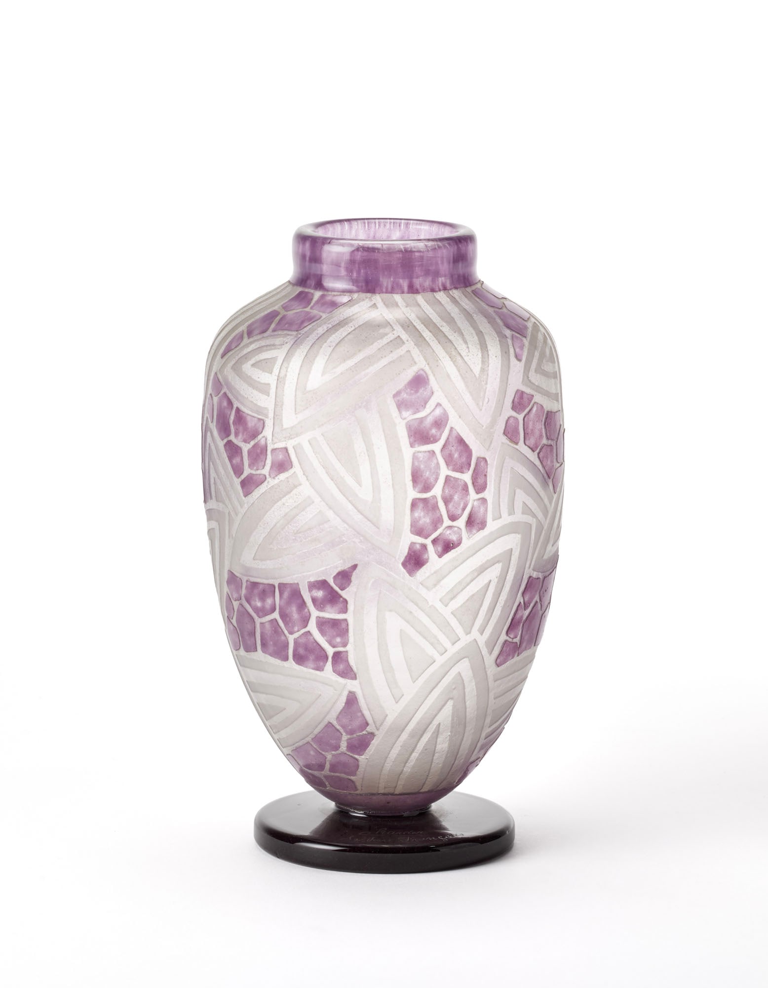 Charder - Le Verre Français Clear colourless glass vase with acid-etched purple geometric: Charder - Le Verre Français Clear colourless glass vase with acid-etched purple geometric decorations. France, 1925. Signed at the base “Charder - Le verre francais”. (h 23 cm.) Provenance Pr