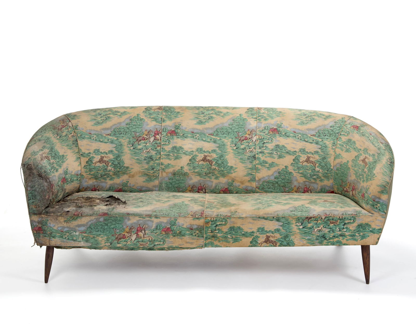 Cesare Lacca (Napoli 1929) (Attributed) Three-seater sofa. Probabile produzione ISA, Ponte San: Cesare Lacca (Napoli 1929) (Attributed) Three-seater sofa. Probabile produzione ISA, Ponte San Pietro, 1950s. Wooden frame, padding covered with fabric decorated with hunting scenes. (200x73x73 cm.) (