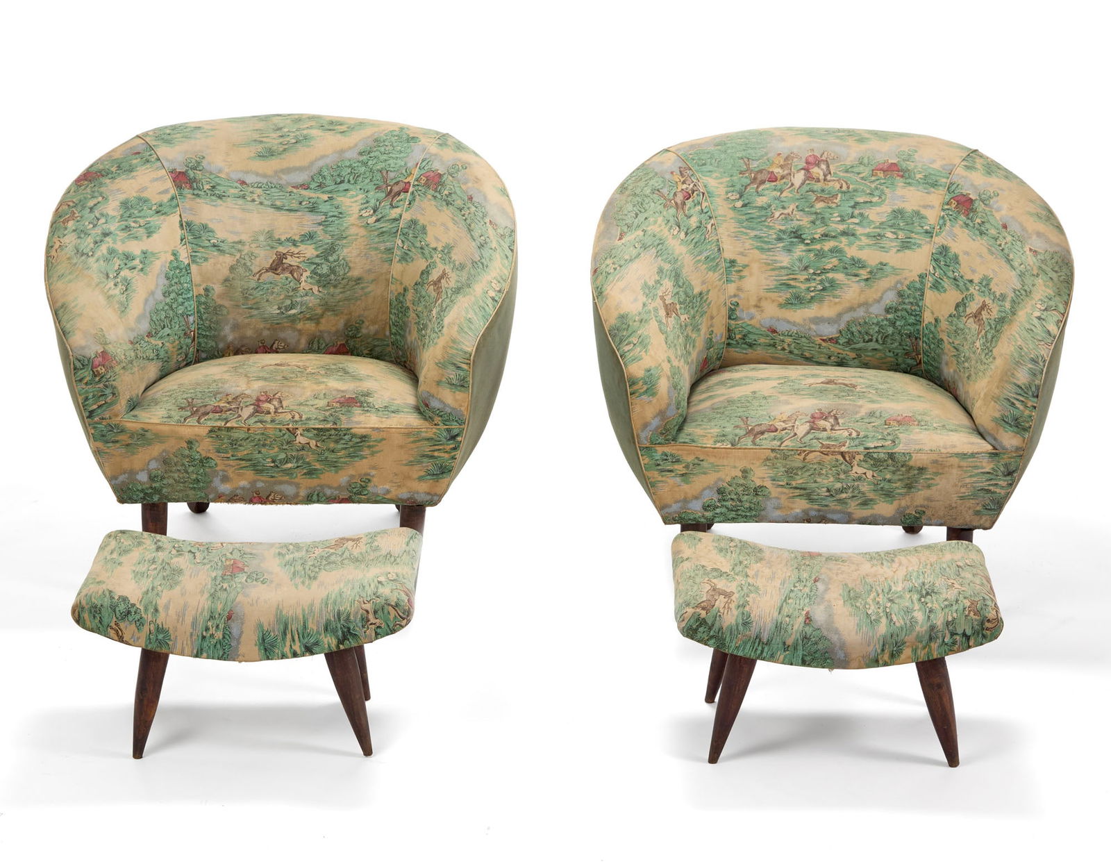 Cesare Lacca (Napoli 1929) (Attributed) Pair of armchairs with footrests. Probabile produzione ISA,: Cesare Lacca (Napoli 1929) (Attributed) Pair of armchairs with footrests. Probabile produzione ISA, Ponte San Pietro, 1950s. Wooden frame, upholstery covered with fabric decorated with hunting scenes.