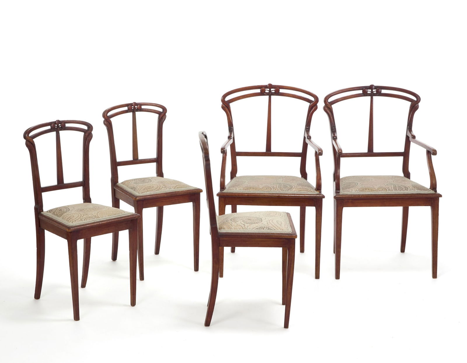 Carlo Zen (Verona 1851 - Lanzo D'Intelvi 1918) Lot of two armchairs and three chairs in carved and: Carlo Zen (Verona 1851 - Lanzo D'Intelvi 1918) Lot of two armchairs and three chairs in carved and stained wood, with upholstered seats covered in fabric. Milan, 1900ca. (cm max 49x90x46) (defects and