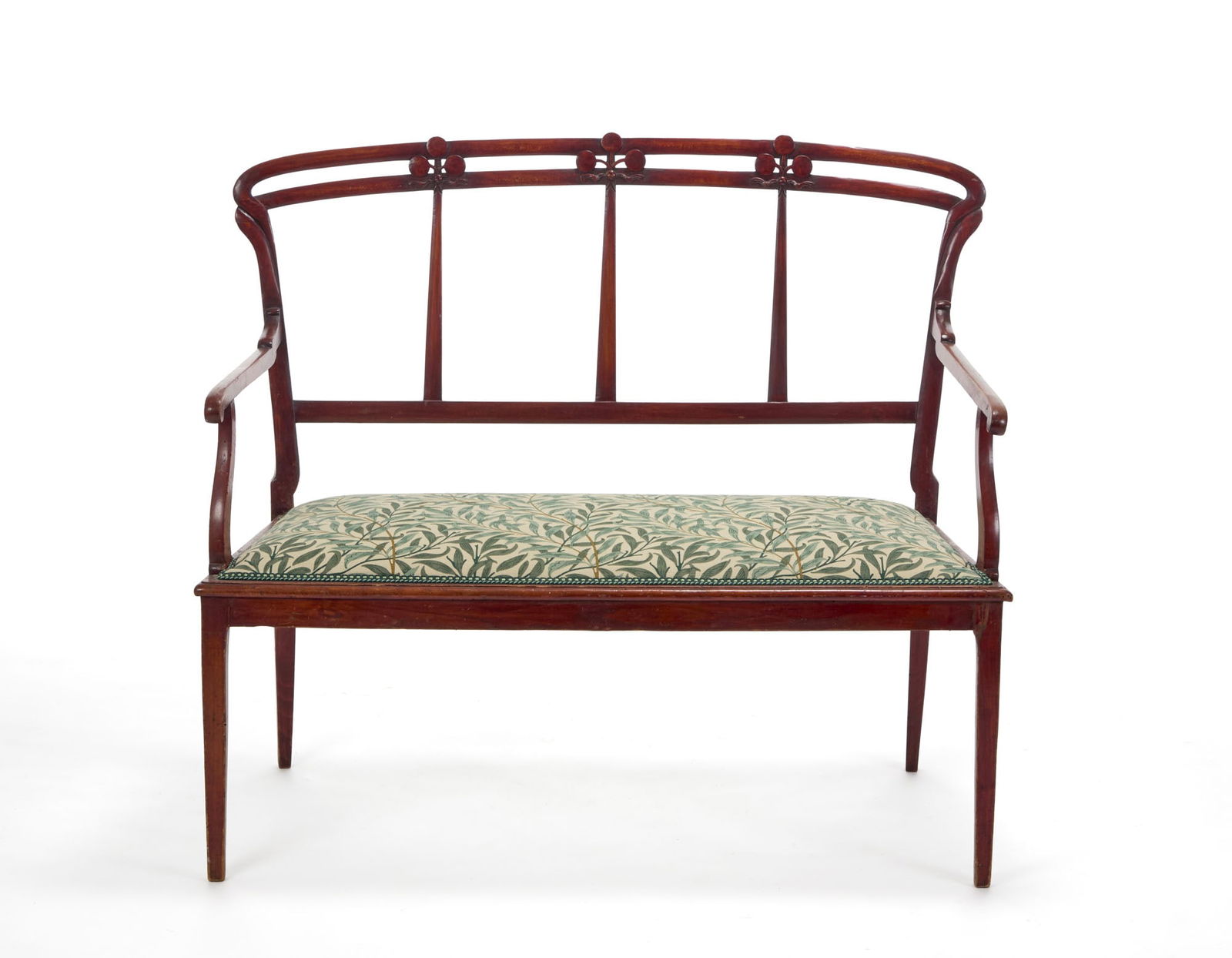 Carlo Zen (Verona 1851 - Lanzo D'Intelvi 1918) Carved and stained wooden sofa, upholstered seat: Carlo Zen (Verona 1851 - Lanzo D'Intelvi 1918) Carved and stained wooden sofa, upholstered seat covered in fabric. Milan, 1900ca. (111x97x56 cm.) (defects and restorations) Literature Per esemplare da