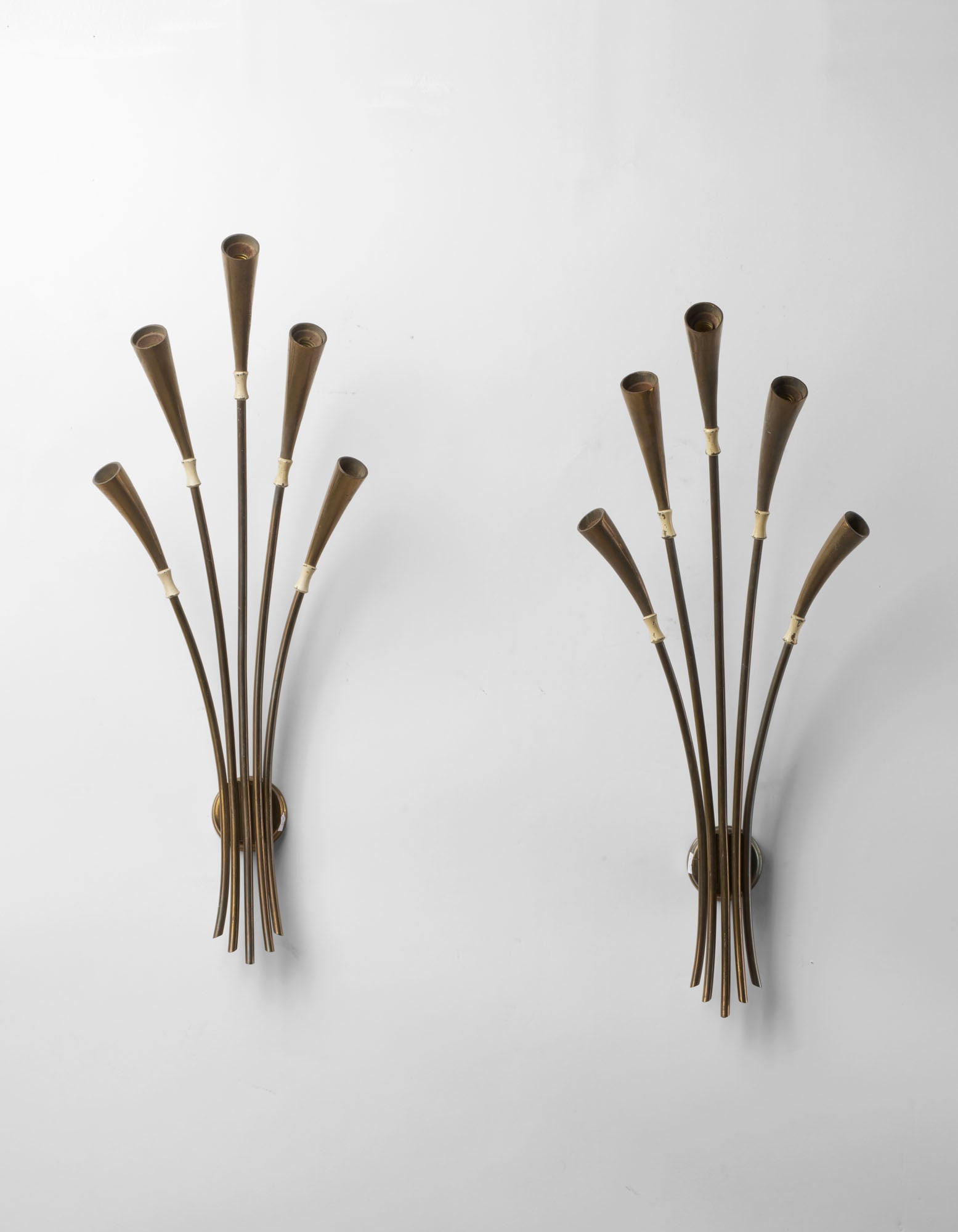 Oscar Torlasco  (Attributed)  Pair of five-light wall lamps. Produced by Lumi, Milan, 1960s. Brass (1 of 1)