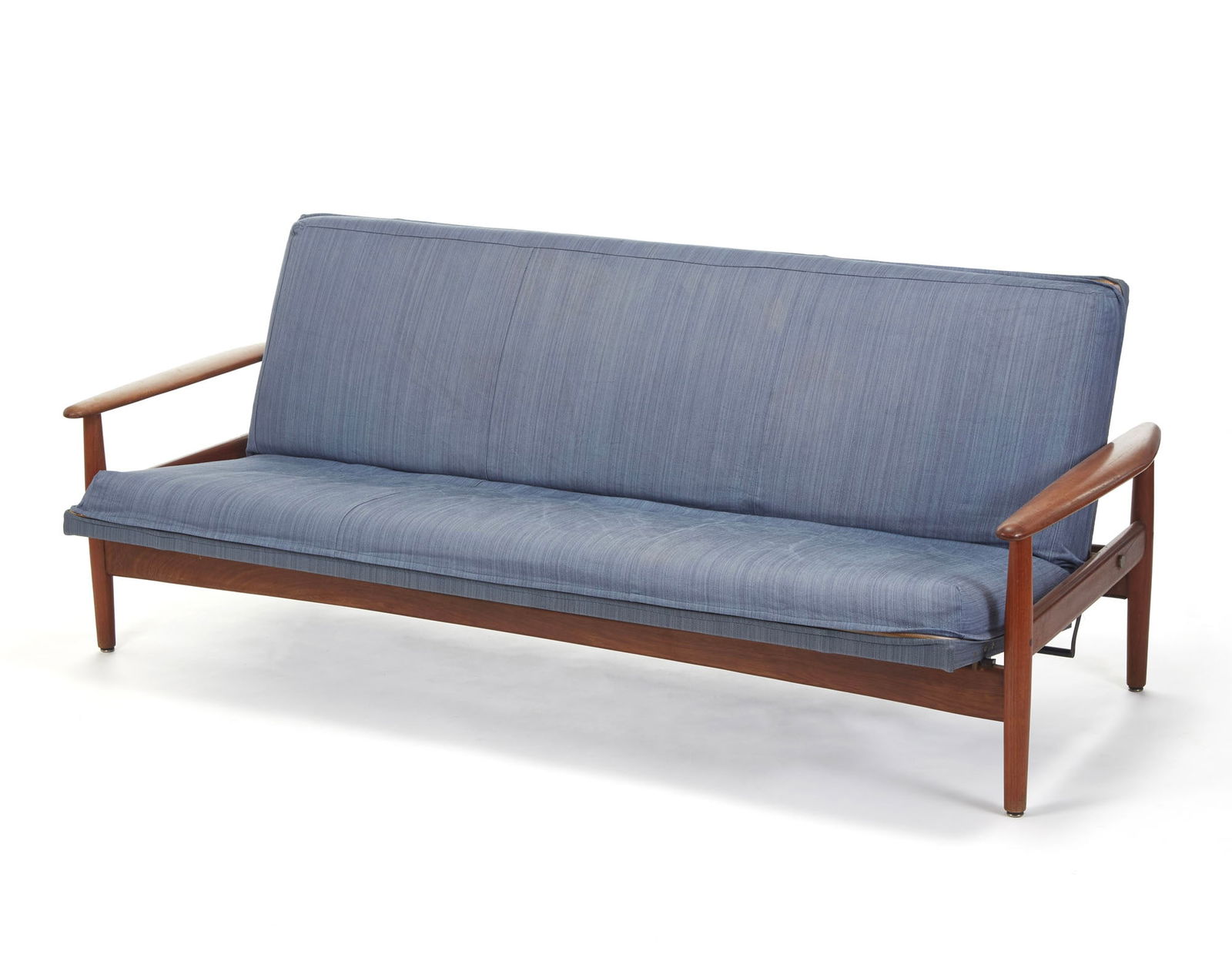 Sofa bed. Denmark, 1960s. Wooden frame, cushions padded and covered in blue fabric. (closed cm: Sofa bed. Denmark, 1960s. Wooden frame, cushions padded and covered in blue fabric. (closed cm 210x79x89) (defects, restaurations and replacements) IT Divano-letto. Danimarca, anni '60. Struttura in l