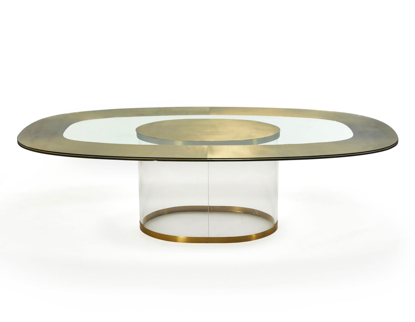 Dining table with plexiglass base and two oval glass tops, brass finishes. Italy, 1970s. (259x72x150 (1 of 1)