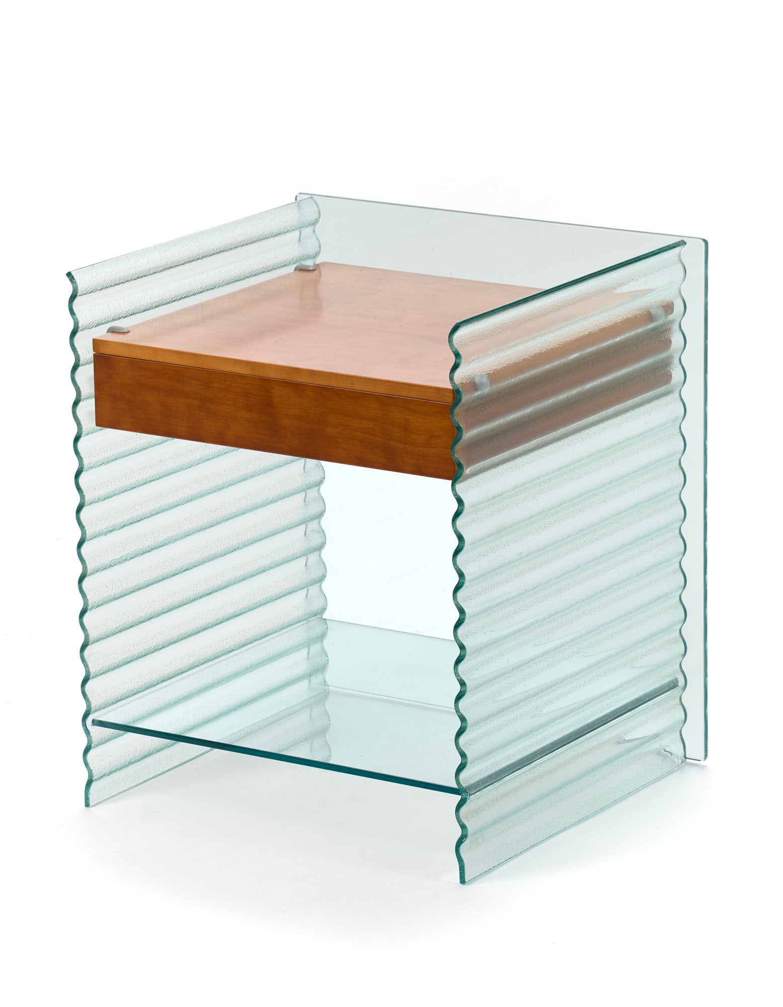 Ron Arad (Tel Aviv 1951) Bedside table/small table model "Onda". Produced by Fiam, Italy, 1980s.: Ron Arad (Tel Aviv 1951) Bedside table/small table model "Onda". Produced by Fiam, Italy, 1980s. Crystal, solid wood and veneer. (51.5x57x45 cm.) (slight defects) IT Comodino/tavolino modello "Onda".