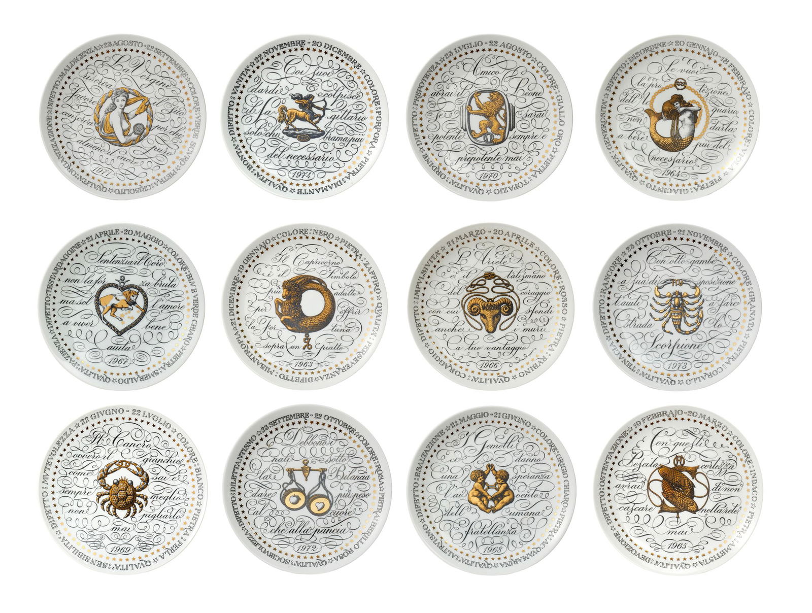 Piero Fornasetti (Milano 1913 - 1988) Twelve plates with "Zodiaco" decoration. Milan, 1960s/1970s.: Piero Fornasetti (Milano 1913 - 1988) Twelve plates with "Zodiaco" decoration. Milan, 1960s/1970s. Black and gold screen-printed porcelain. Marked on the back. (d 21 cm.) IT Dodici piatti con decoro "