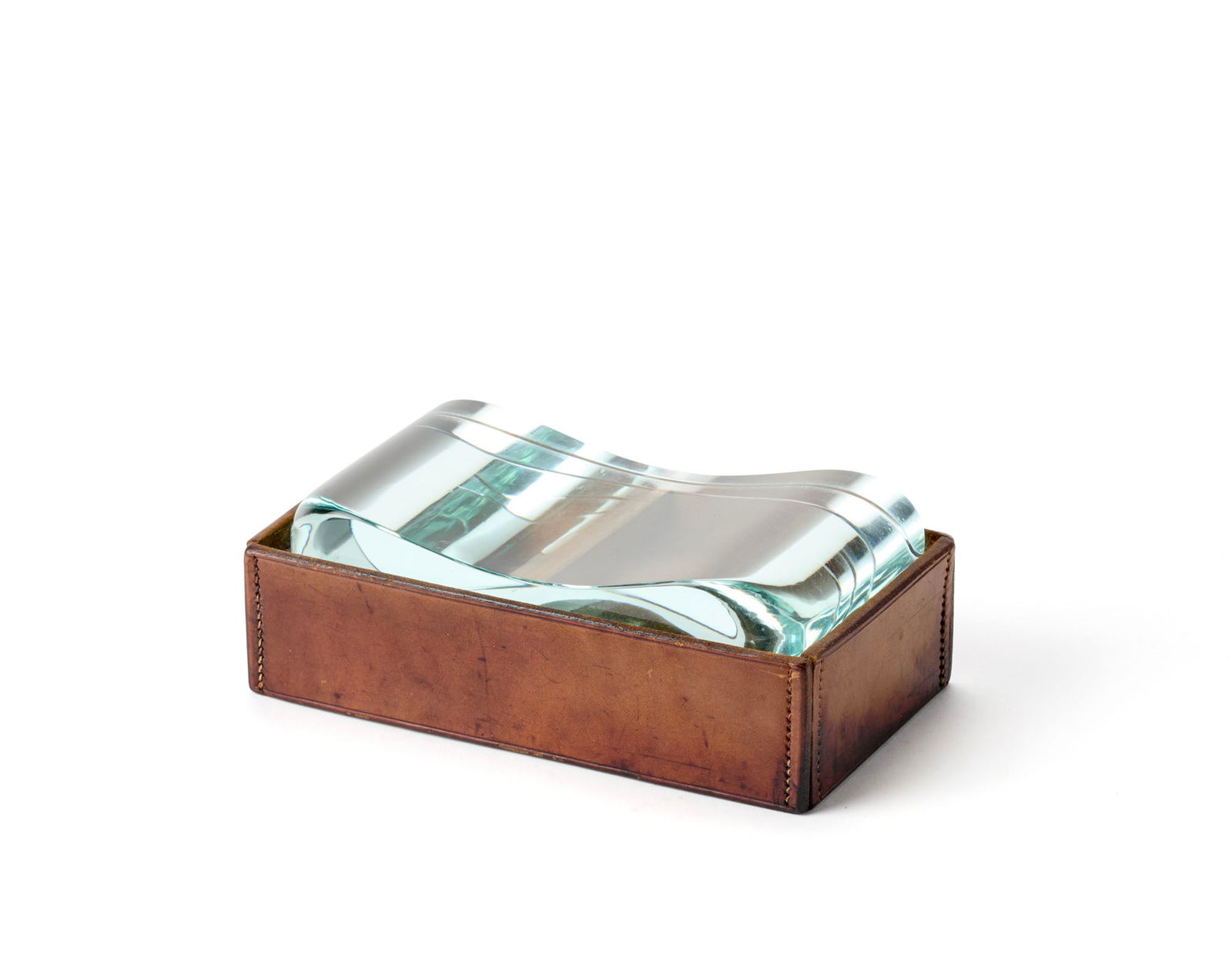 Fontana Arte Wooden and leather box with glass lid. Milan, 1930s/1940s. Marked with a crossed F and (1 of 1)