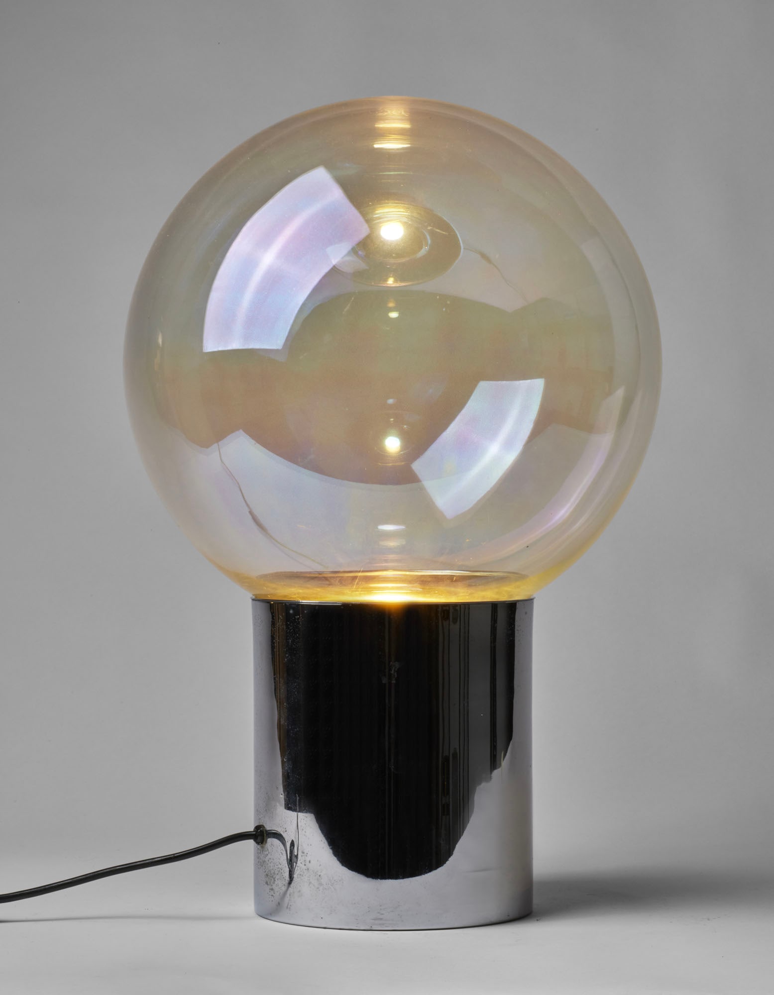 Carlo Nason (Murano 1935) Chrome-plated metal table lamp with iridescent transparent blown glass (1 of 3)