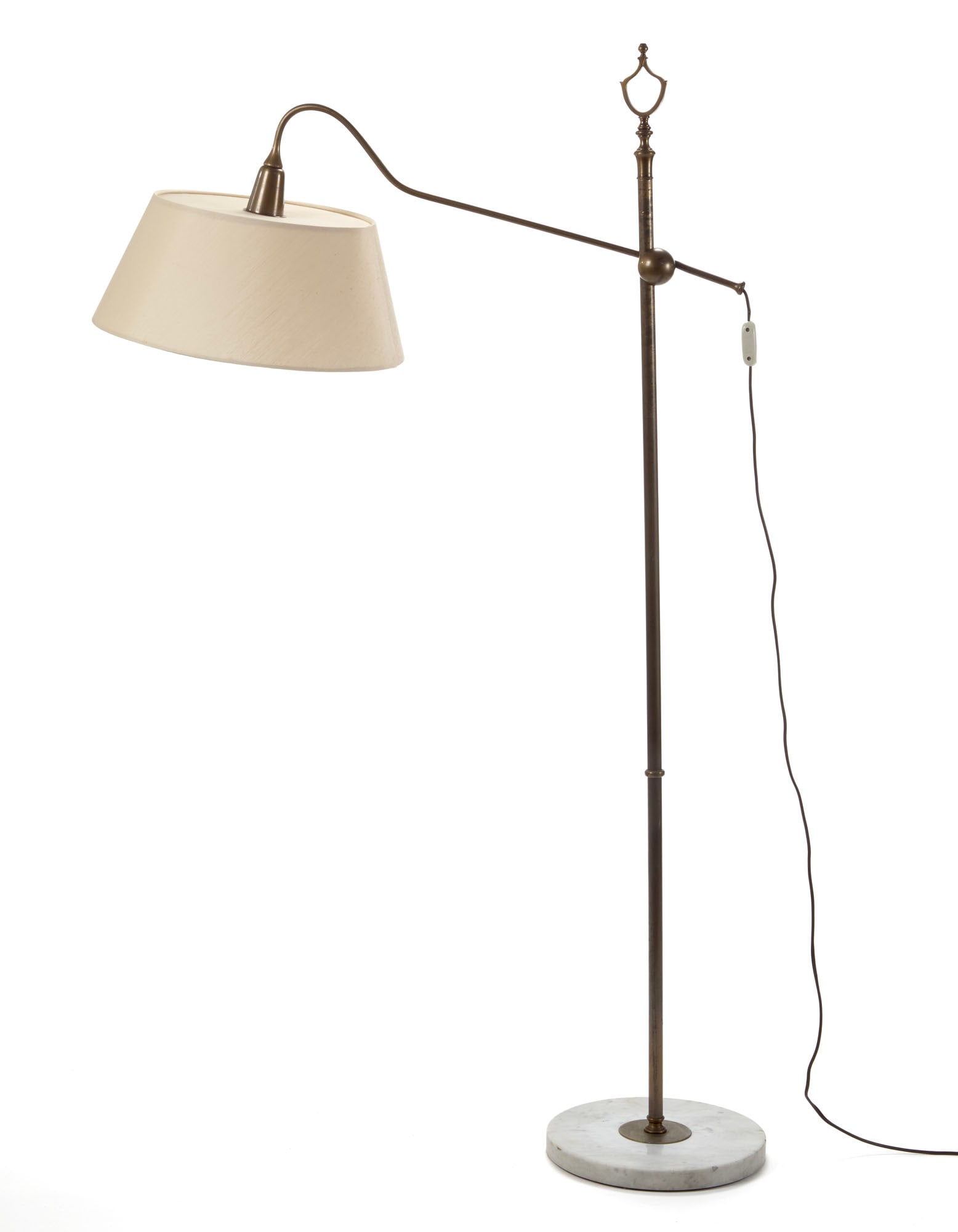 Giuseppe Ostuni (Trieste 1907 - Recco 1994) Floor lamp model "Meridiana". Produced by O-Luce, Milan,: Giuseppe Ostuni (Trieste 1907 - Recco 1994) Floor lamp model "Meridiana". Produced by O-Luce, Milan, 1948ca. Carrara marble base, brass stem and adjustable arm, fabric lampshade. (h 160 cm.) (slight d