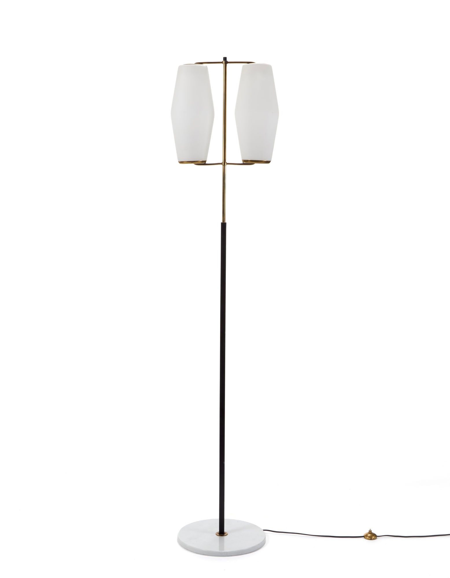 Stilnovo  Two-light floor lamp. Milan, 1950s. Carrara marble base, black and brass painted metal (1 of 1)