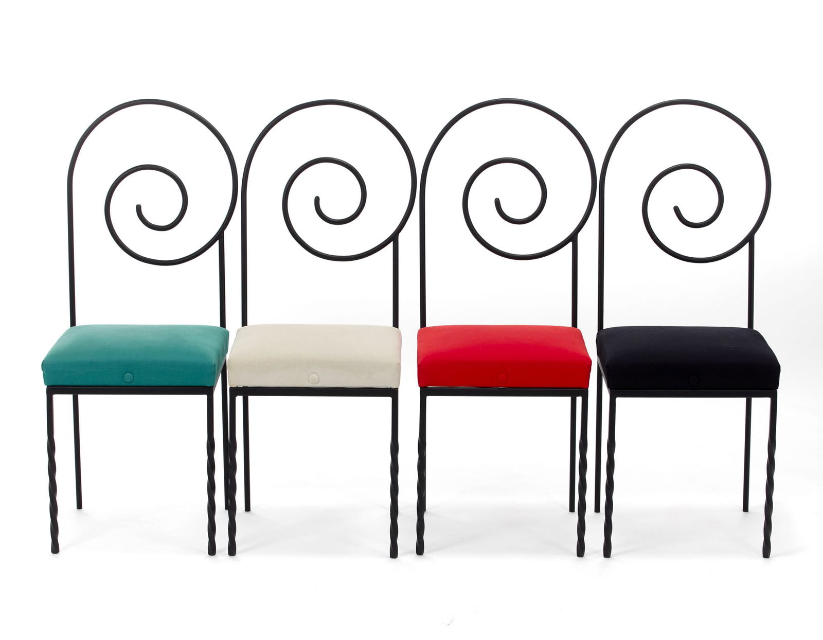 Luigi Serafini (Roma 1949) Four chairs model "Suspiral". Produced by Sawaya & Moroni, Italy, 1986.: Luigi Serafini (Roma 1949) Four chairs model "Suspiral". Produced by Sawaya & Moroni, Italy, 1986. Painted metal rod and fabric. IT Quattro sedie modello "Suspiral". Produzione Sawaya & Moroni, Italia