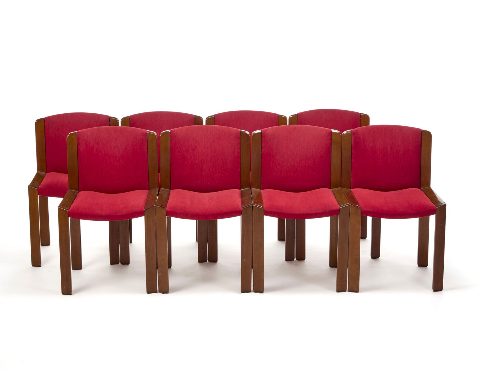 Joe Colombo (Milano 1930 - Milano 1971) Eight chairs model "300". Produced by Pozzi, Italy, 1960s.: Joe Colombo (Milano 1930 - Milano 1971) Eight chairs model "300". Produced by Pozzi, Italy, 1960s. Beech frame and red cotton upholstery restored with fabric matching the original. (slight defects) IT
