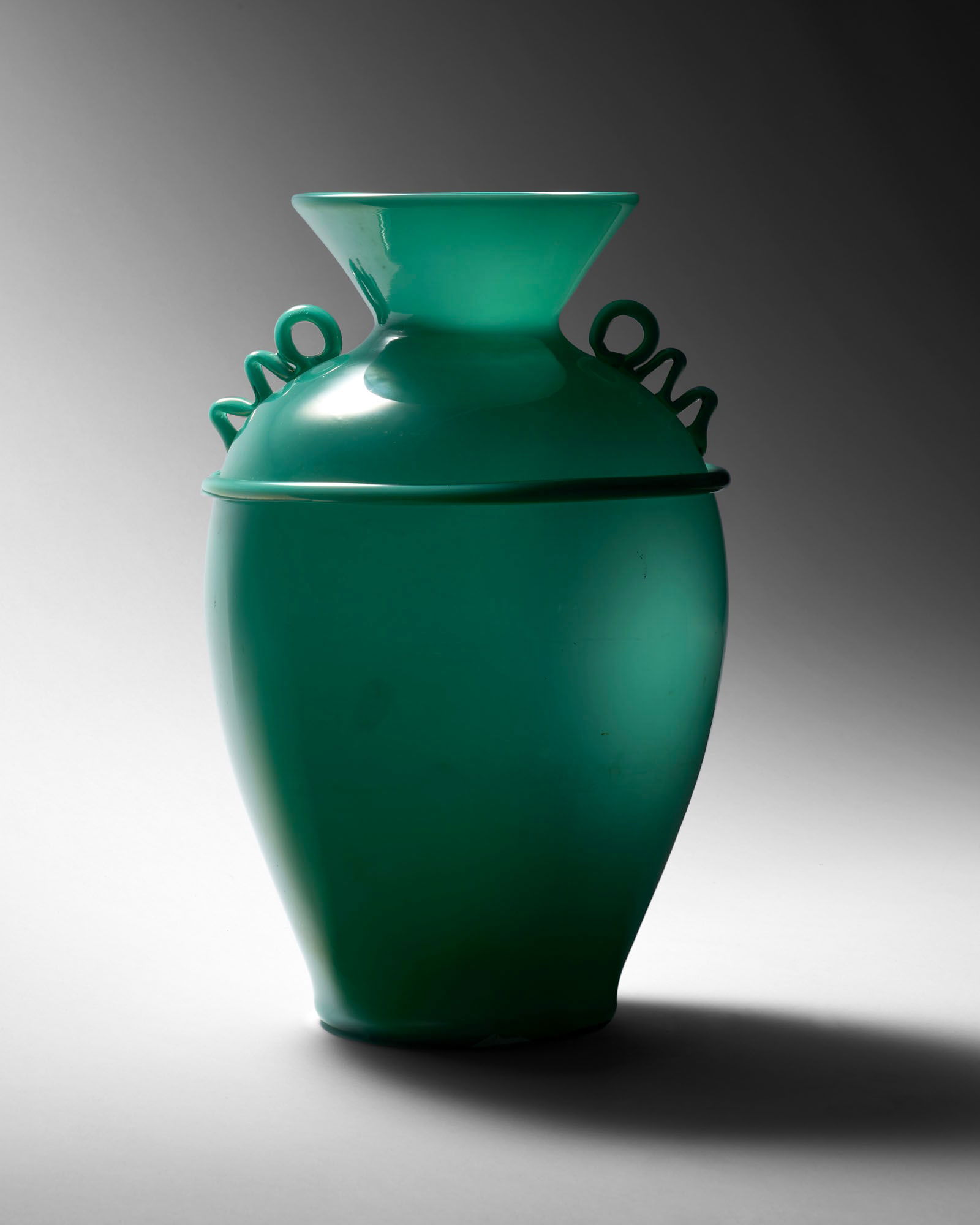 Brovier-Seguso-Ferro Blown glass vase with iridescent surface. Glass filament and hot-applied (1 of 2)