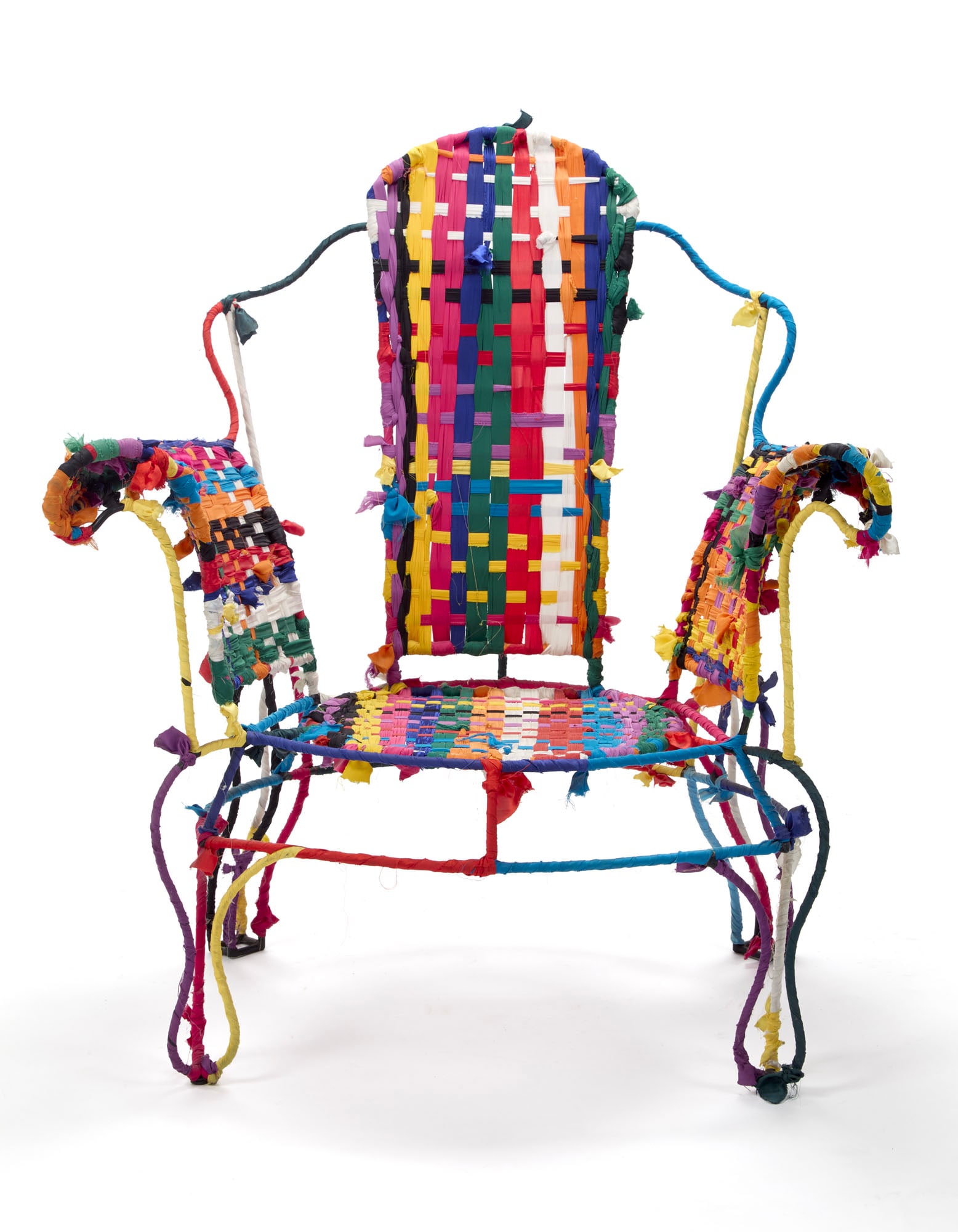Anacleto Spazzapan (Luino 1943) Coloured woven armchair of the series "Stoffa". Italy, 2000s. Metal: Anacleto Spazzapan (Luino 1943) Coloured woven armchair of the series "Stoffa". Italy, 2000s. Metal rod frame, covered with hand-woven multicoloured fabric tape. Bearing the artist's initials on the r