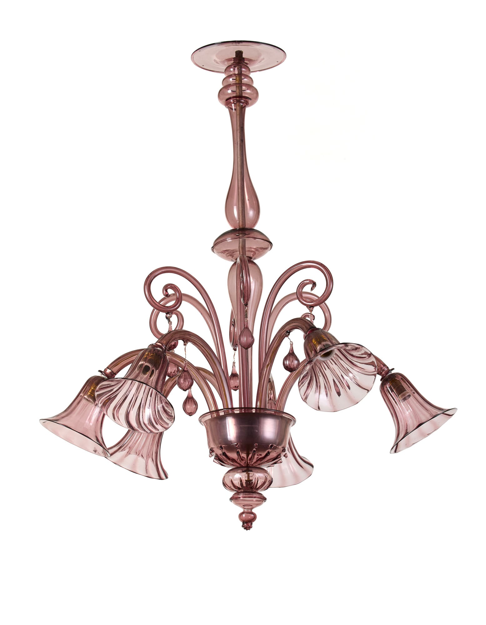 Manifattura di Murano  Five-lights blown glass chandelier. 1930s/1940s. (h 105 cm.; d 90 cm.) (1 of 1)