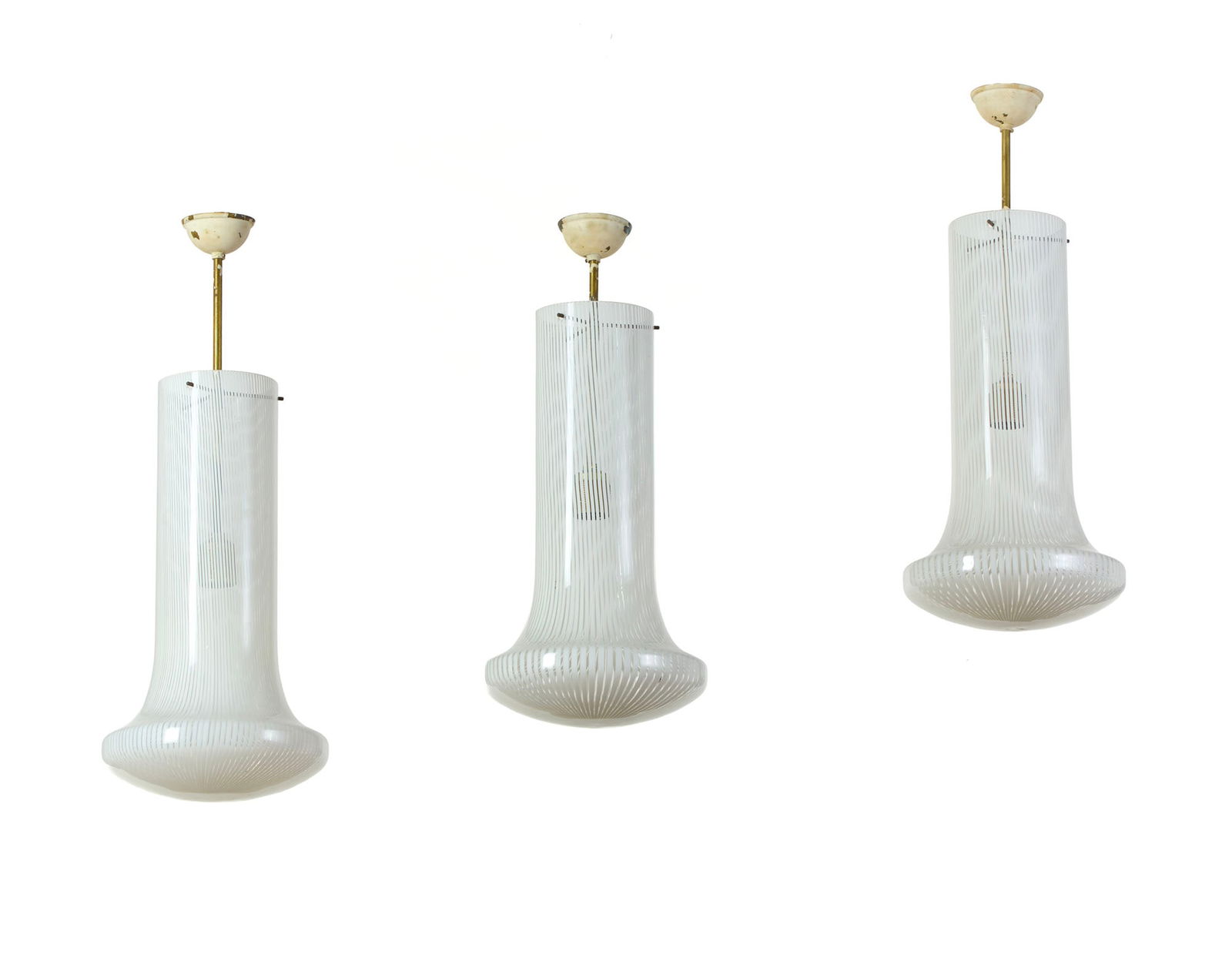 Paolo Venini (Milano 1895 - Venezia 1959) Three suspension lamps of the series "Boletus". Venini,: Paolo Venini (Milano 1895 - Venezia 1959) Three suspension lamps of the series "Boletus". Venini, Murano, 1970s. Lattimo and colourless blown glass, white painted brass frame. (h 76 cm.) IT Tre lampad