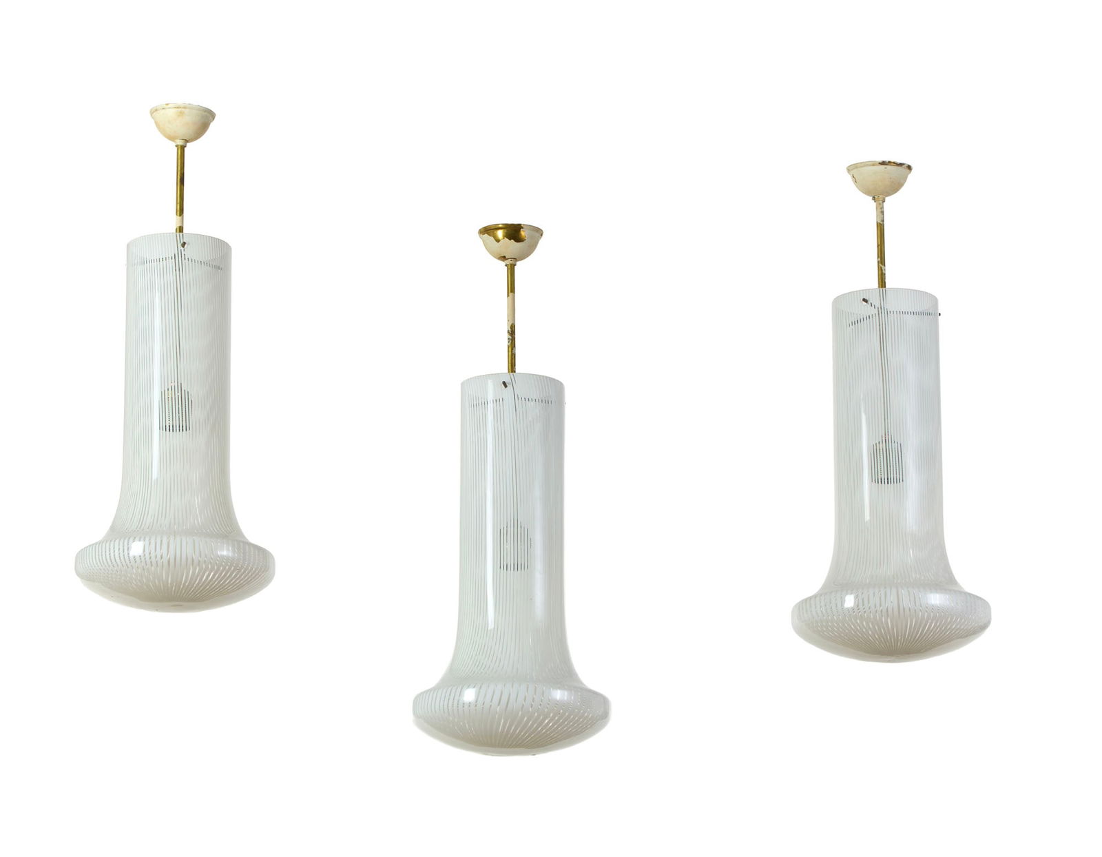 Paolo Venini (Milano 1895 - Venezia 1959) Three suspension lamps of the series "Boletus". Venini,: Paolo Venini (Milano 1895 - Venezia 1959) Three suspension lamps of the series "Boletus". Venini, Murano, 1970s. Lattimo and colourless blown glass, white painted brass frame. (h 76 cm.) IT Tre lampad