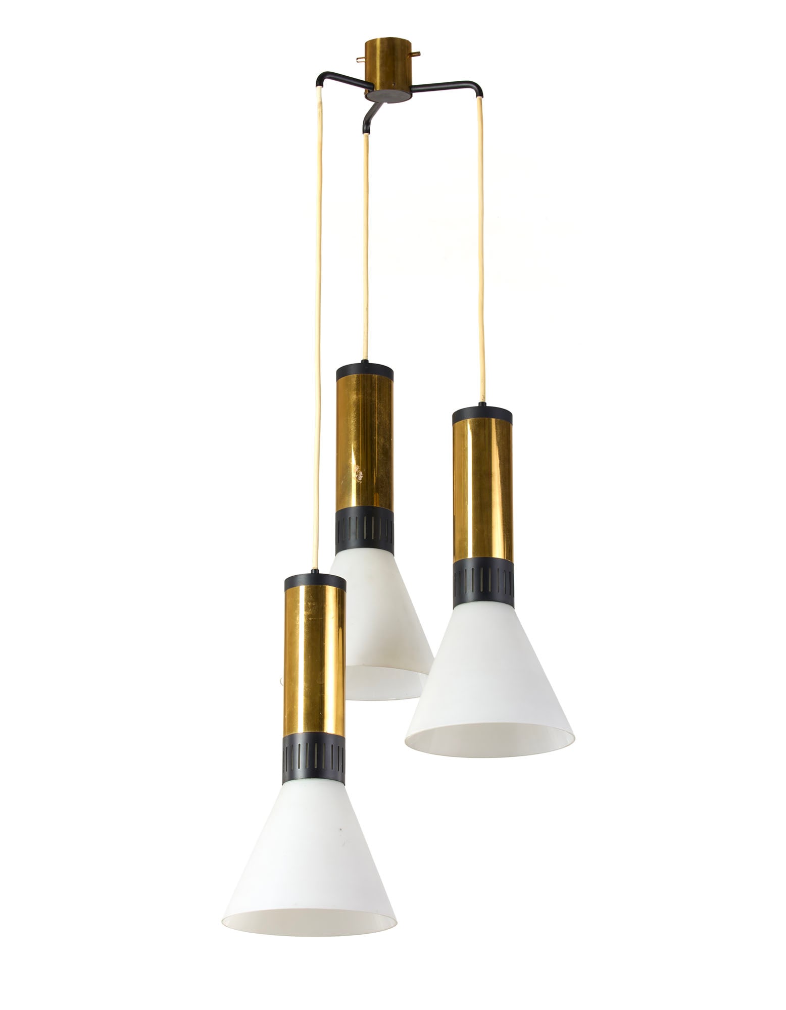 Stilnovo Three-light suspension lamp model "1135". Milan, 1950s. Polished brass and black paint, (1 of 1)