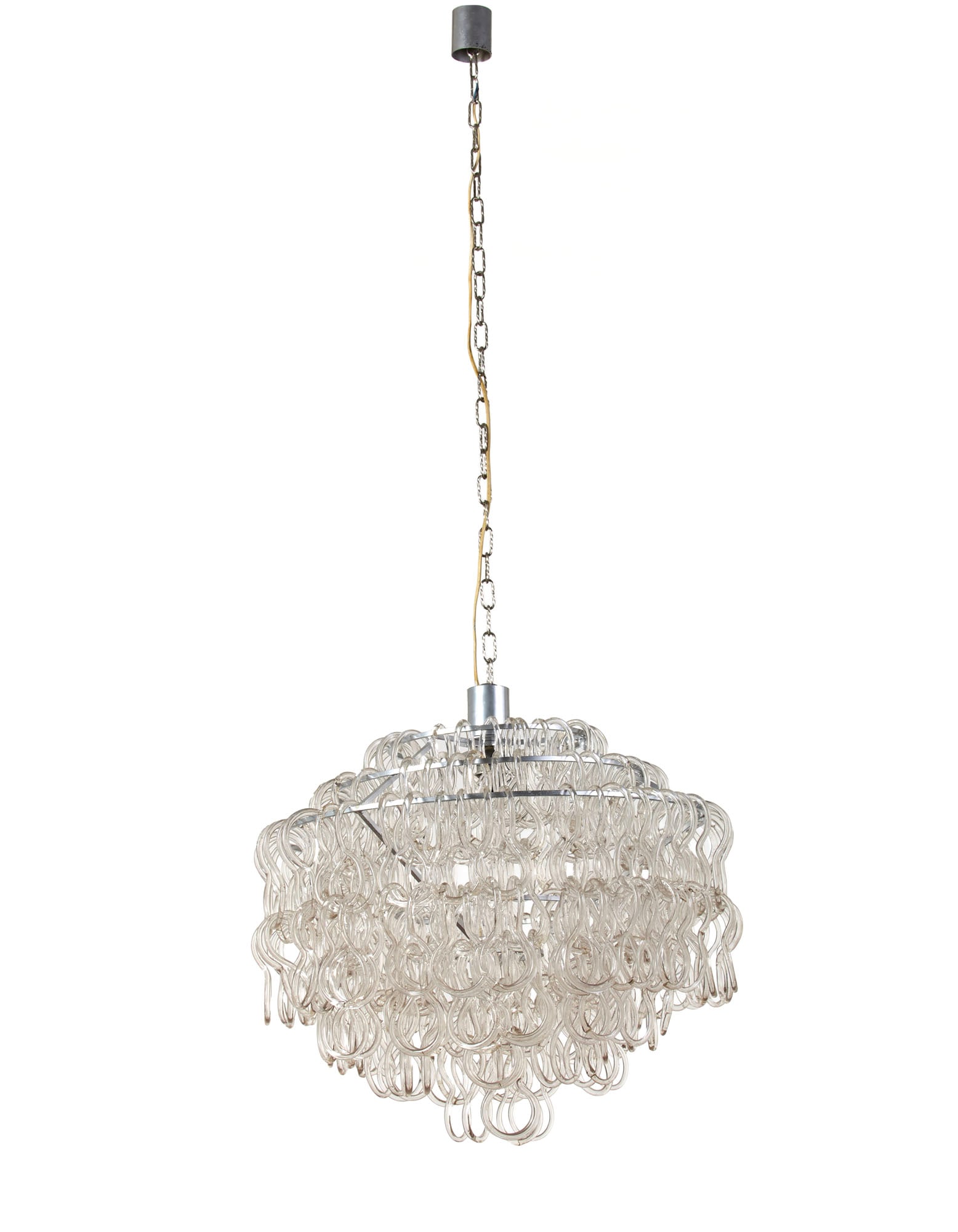 Angelo Mangiarotti (Milano 1921 - 2012) (Attributed) Suspension lamp of the series "Giogali".: Angelo Mangiarotti (Milano 1921 - 2012) (Attributed) Suspension lamp of the series "Giogali". Produced by Vistosi, Treviso, 1967. Steel structure and colourless glass modular rings. (h min cm 65) (sli