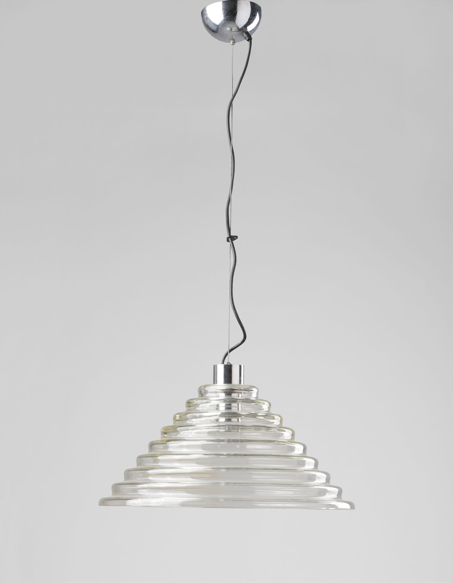 Carlo Nason (Murano 1935) Pyramid-shaped blown crystal glass and chrome-plated metal chandelier (1 of 1)