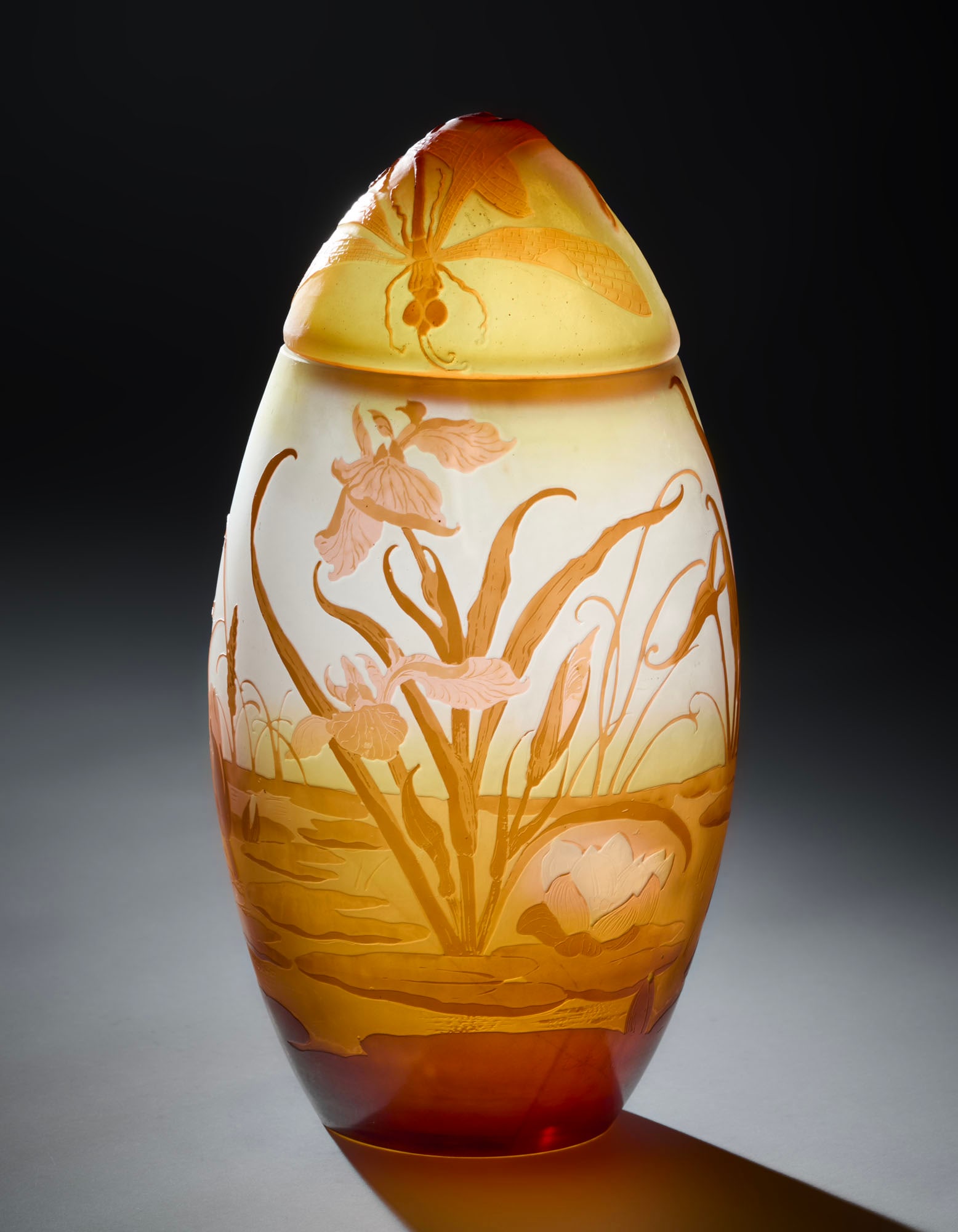 Gallé Ovoid vase with acid-etched cameo glass lid decorated with a pond with flowers and a (1 of 2)