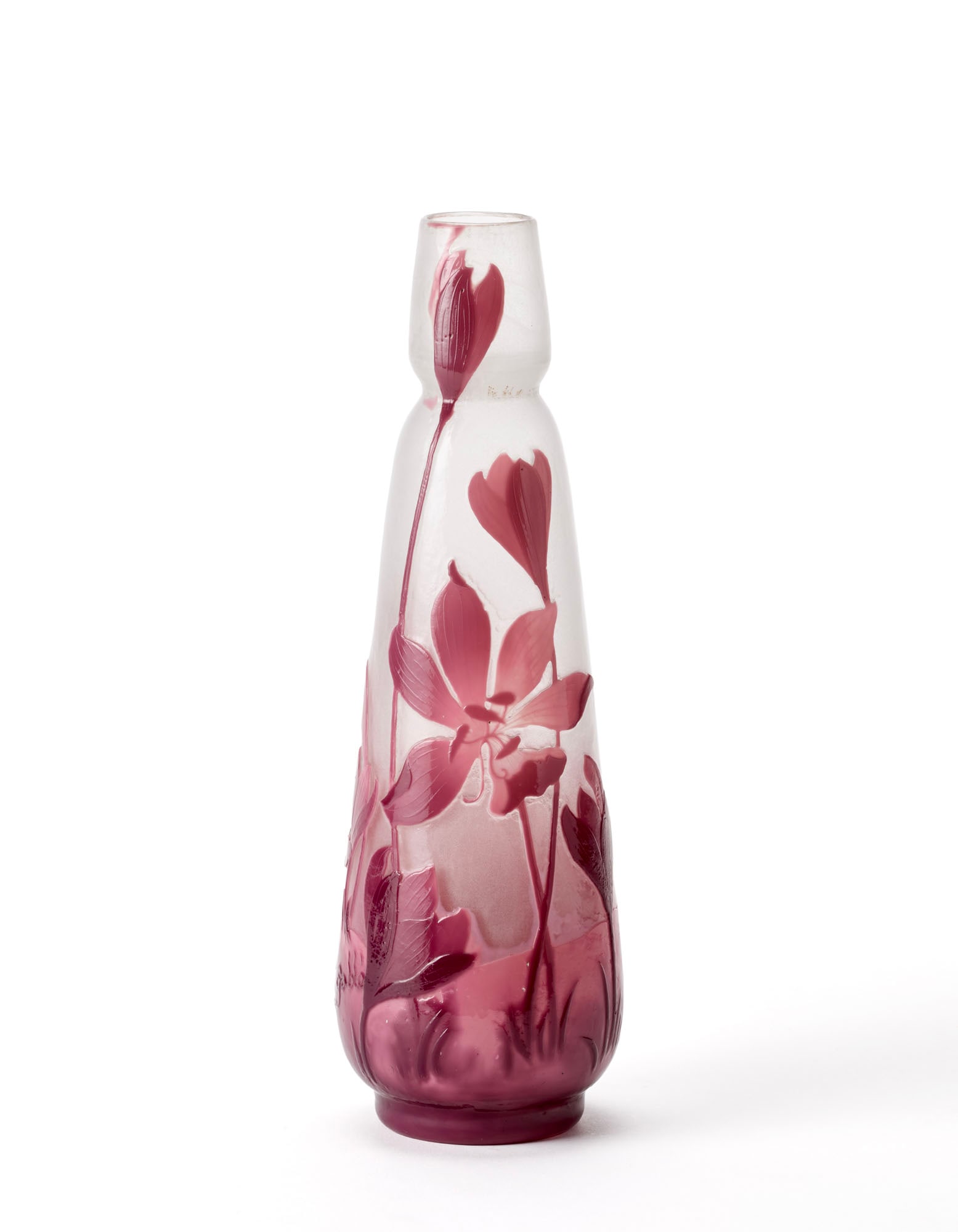 Emile Gallé (Nancy 1846 - 1904) Acid-etched cameo glass vase with pink colchicum decoration on an (1 of 2)