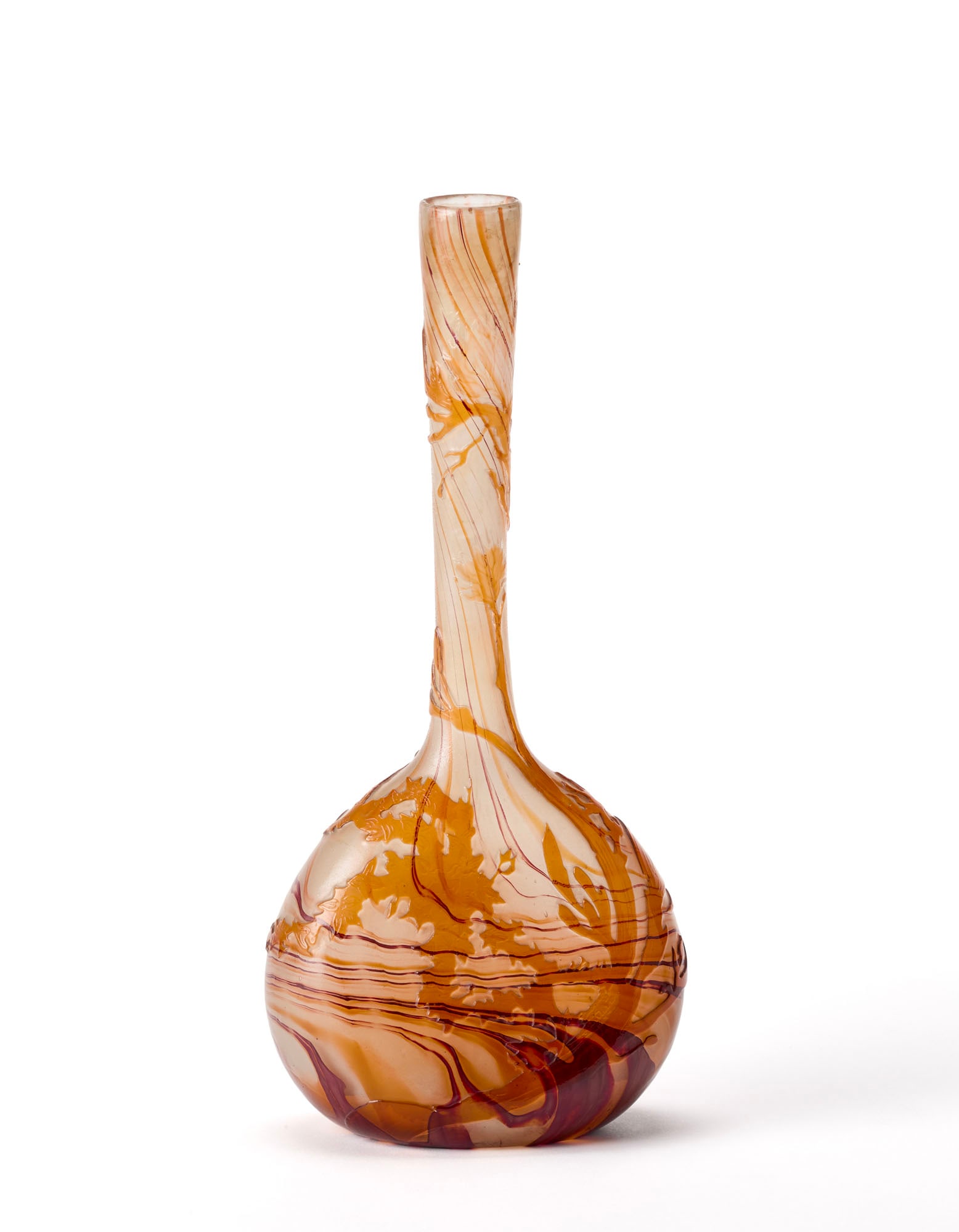 Gallé Bulbous vase with a flattened body and narrow neck in opalescent white, orange and red (1 of 1)