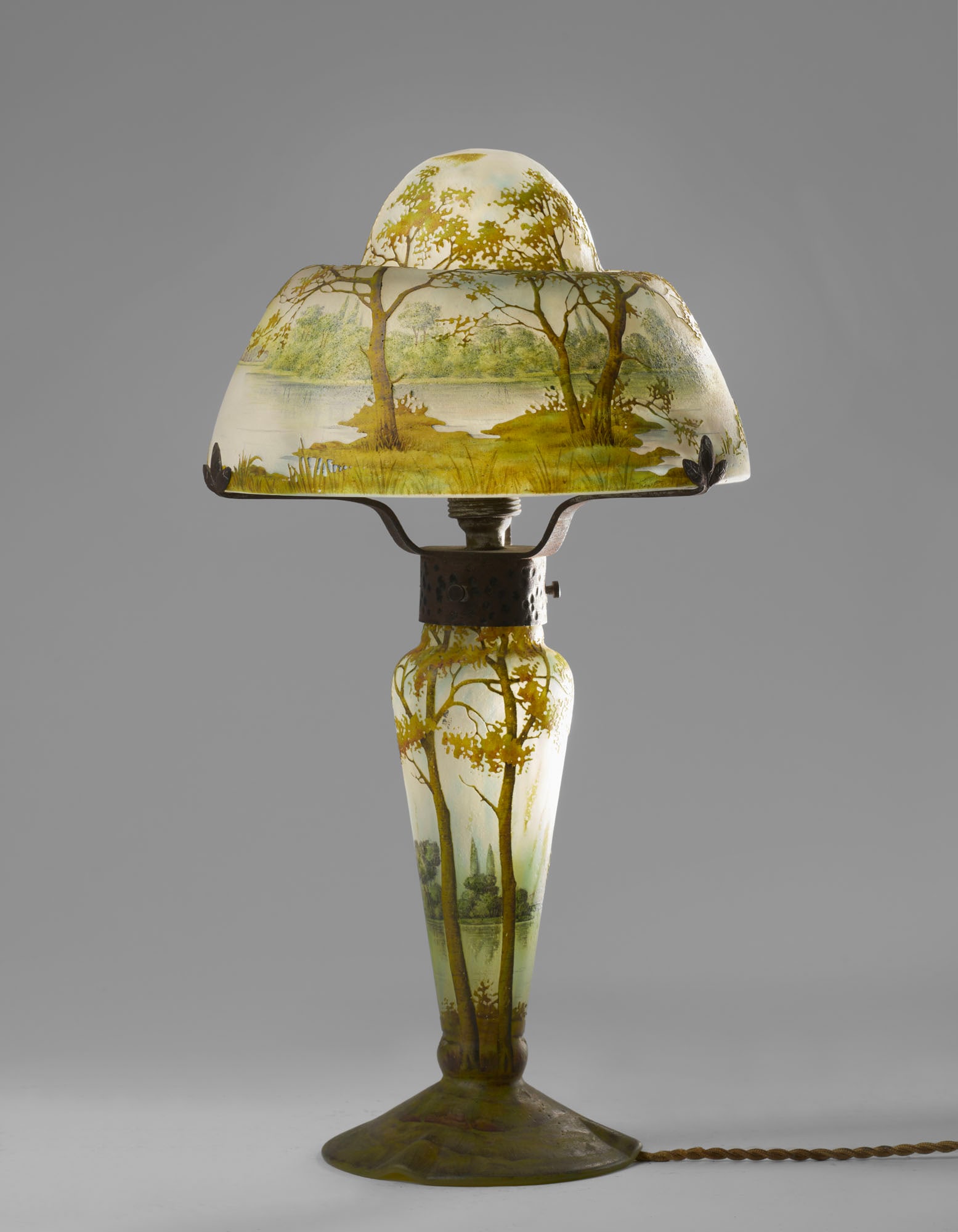 Daum Table lamp in blown glass with acid-etched cameo decoration depicting a lake landscape in (1 of 2)